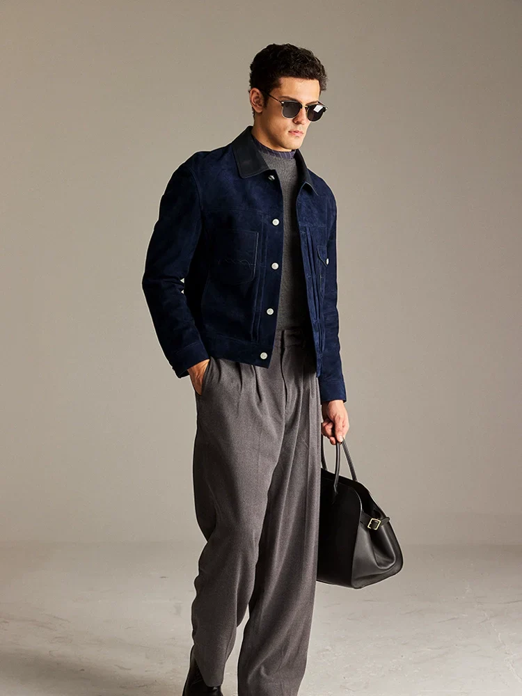 Navy Suede Trucker Jacket - Image 4