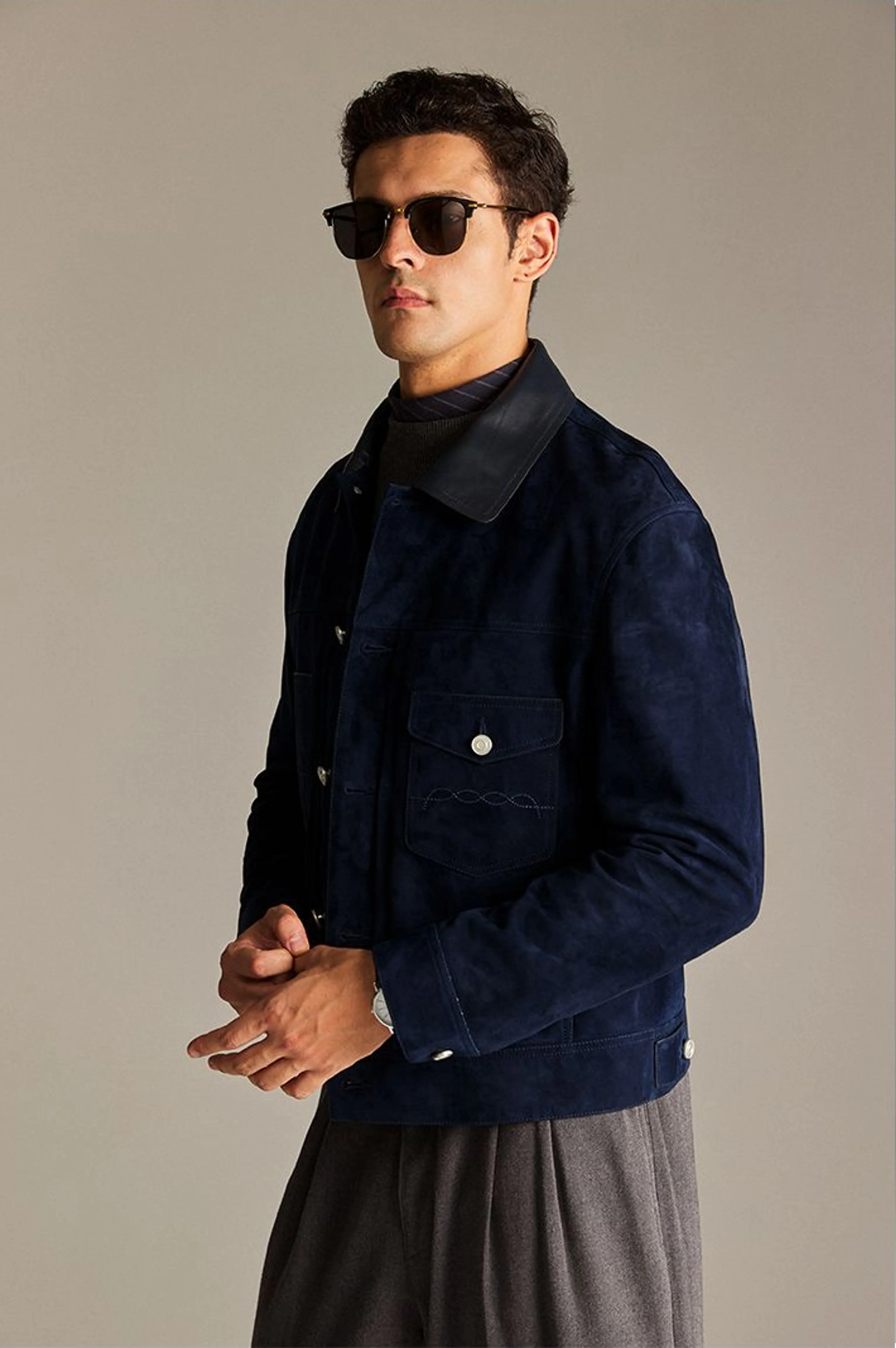 Navy Suede Trucker Jacket - Image 5