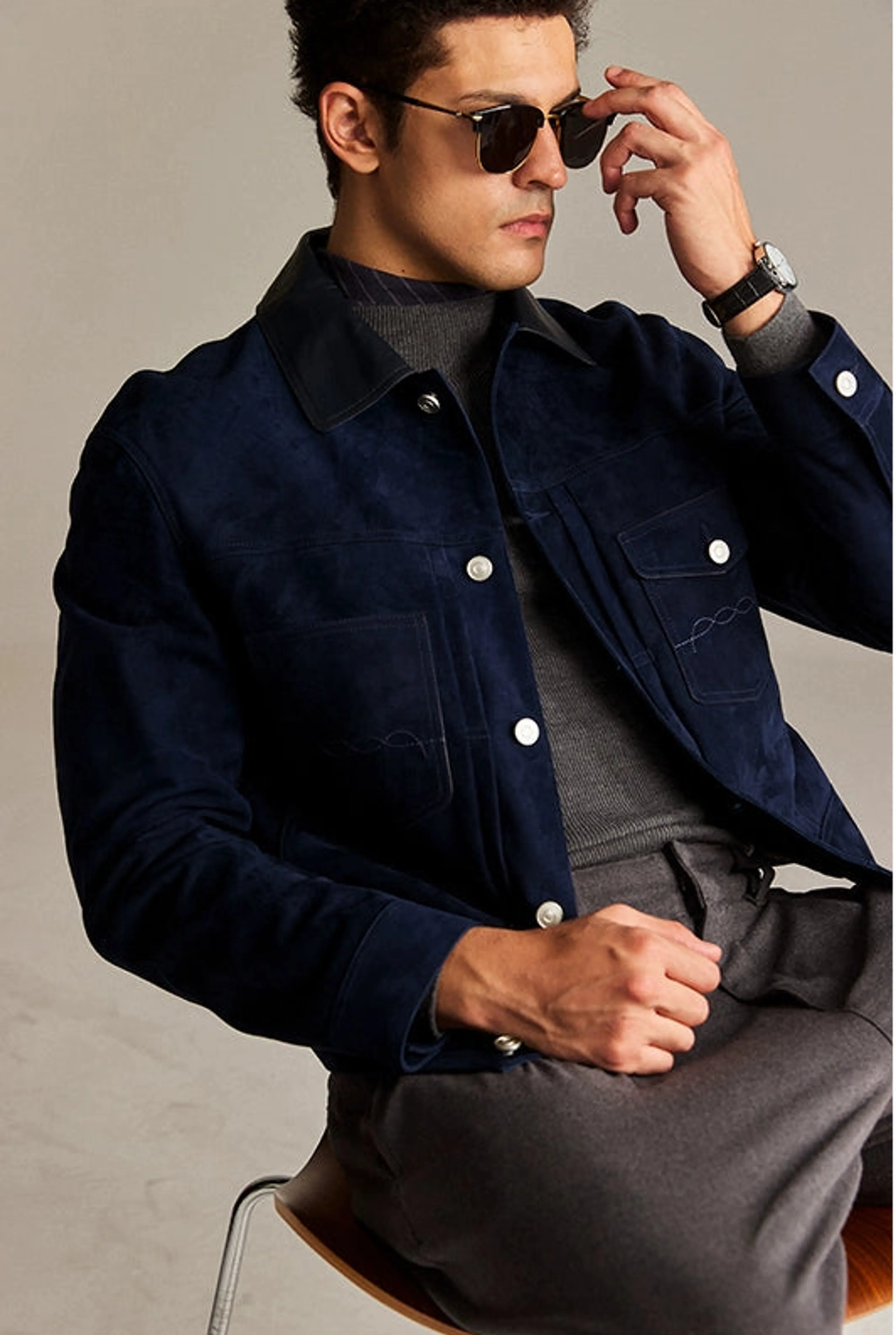 Navy Suede Trucker Jacket - Image 7
