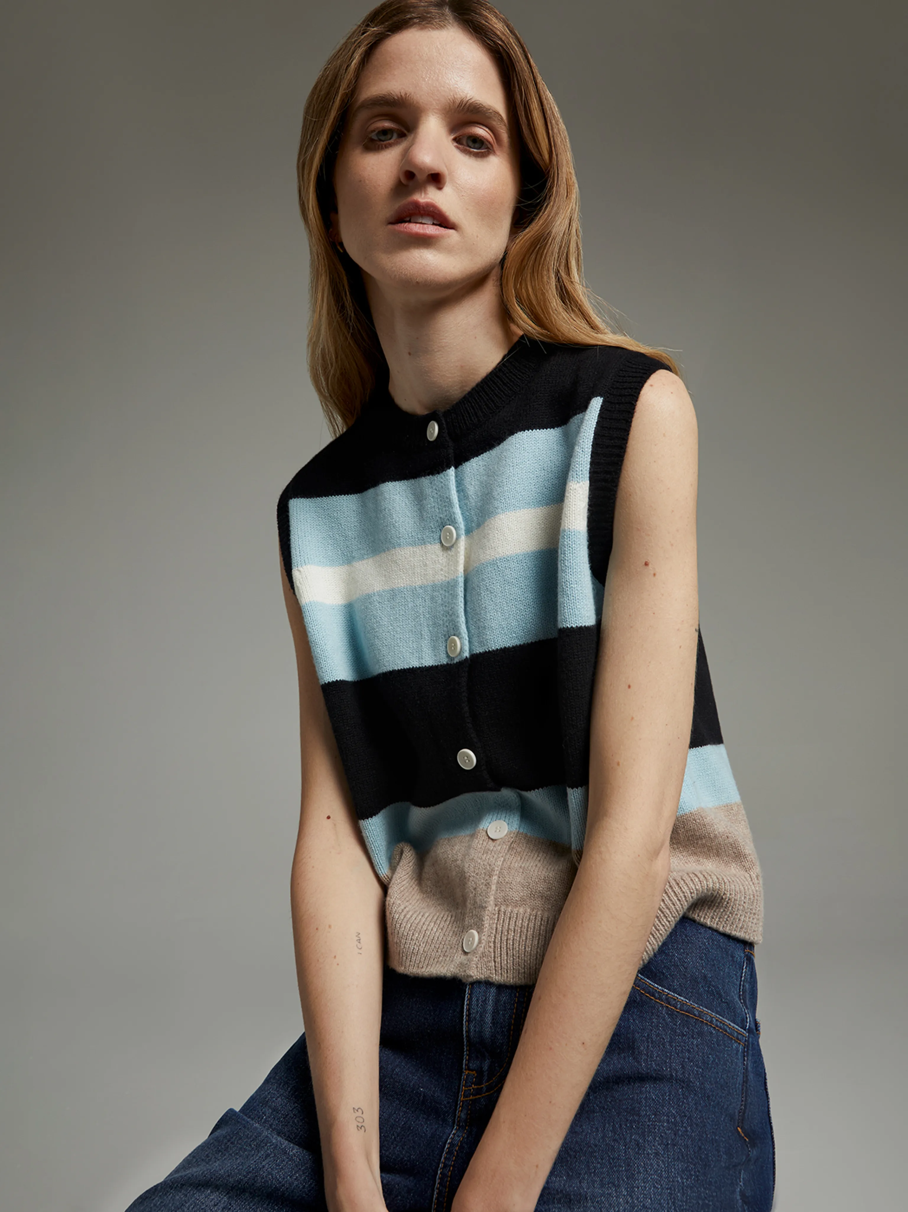 Nina Merino Color-Block Cardigan Vest