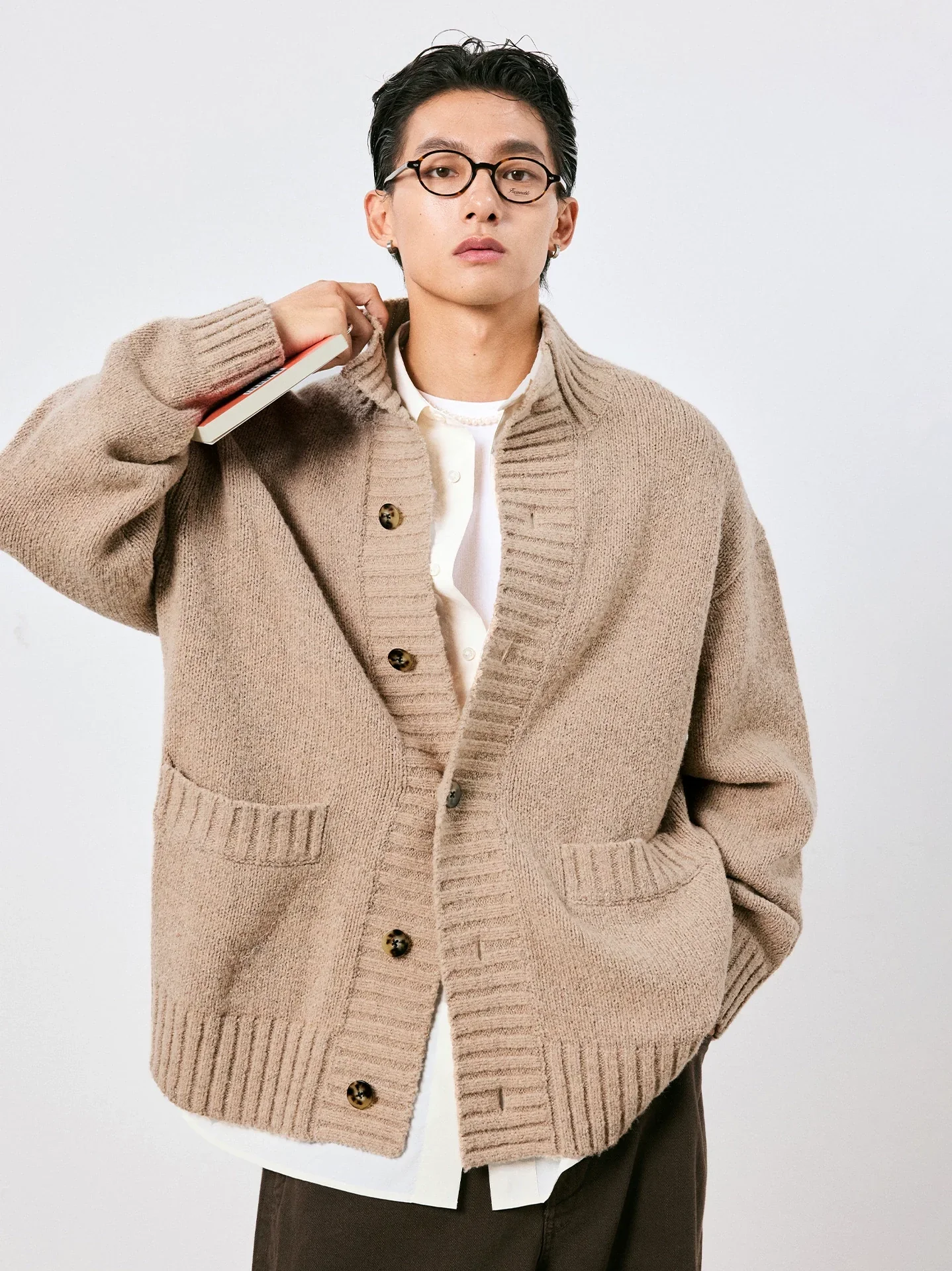 Oatmeal Ribbed Stand-Collar Cardigan - Image 3