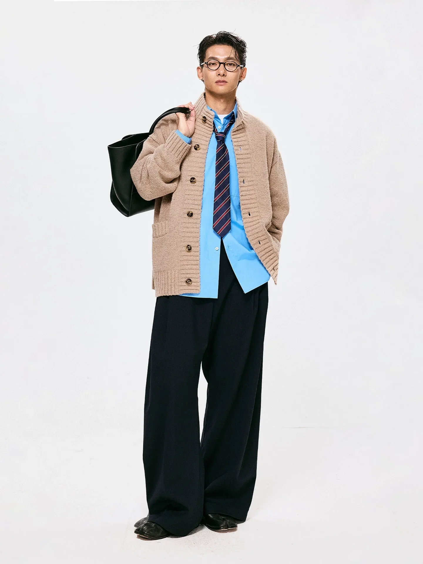 Oatmeal Ribbed Stand-Collar Cardigan - Image 4