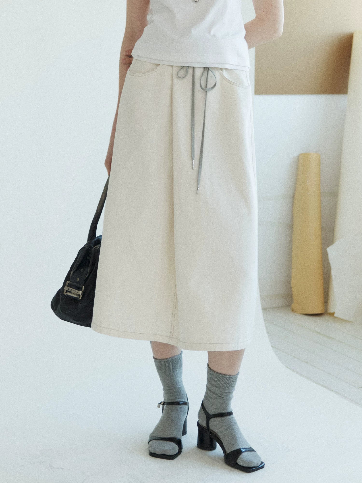 Off-White Drawstring Denim Midi Skirt - Image 5