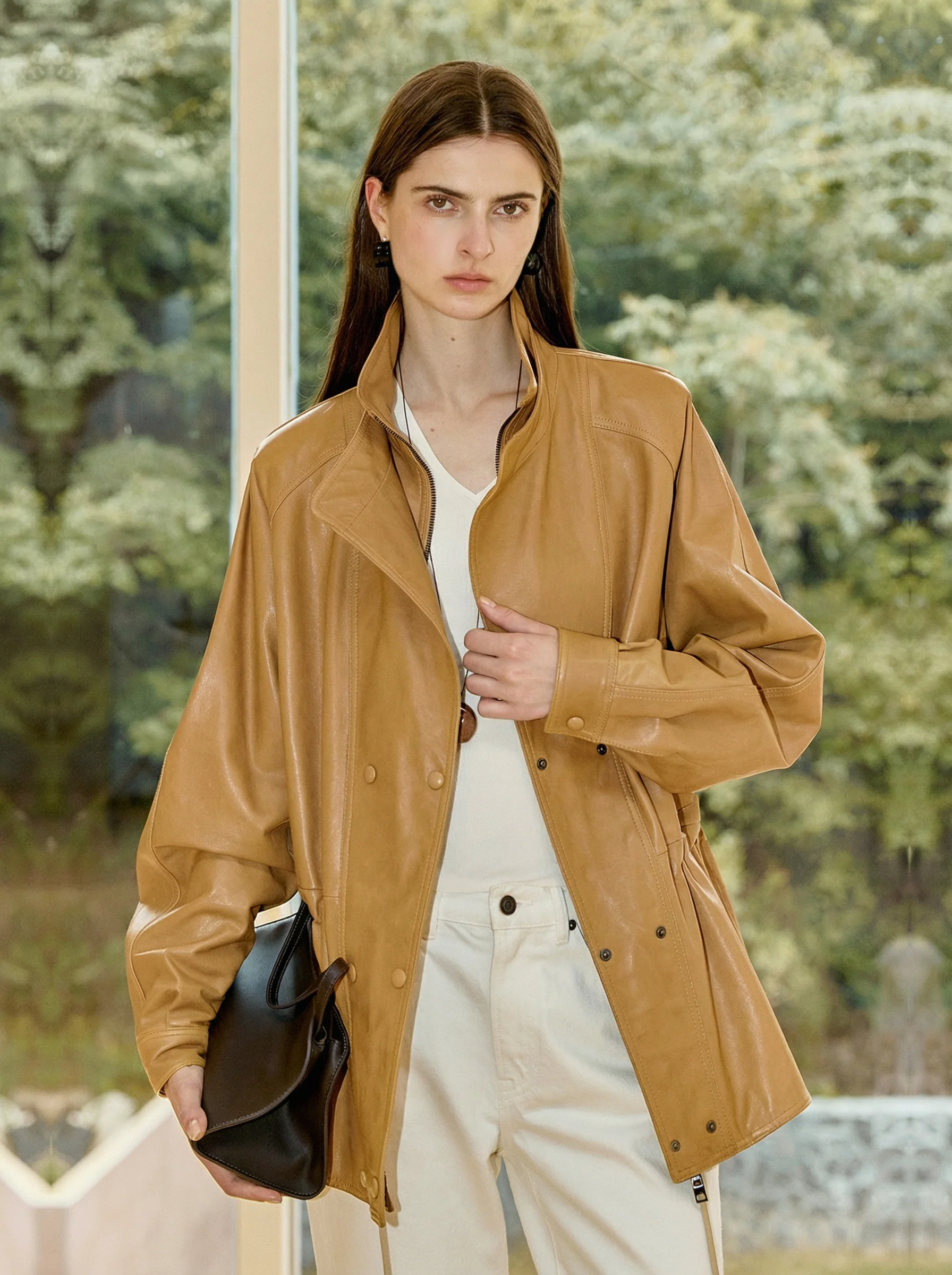 Oil-Waxed Lambskin Double-Collar Coat
