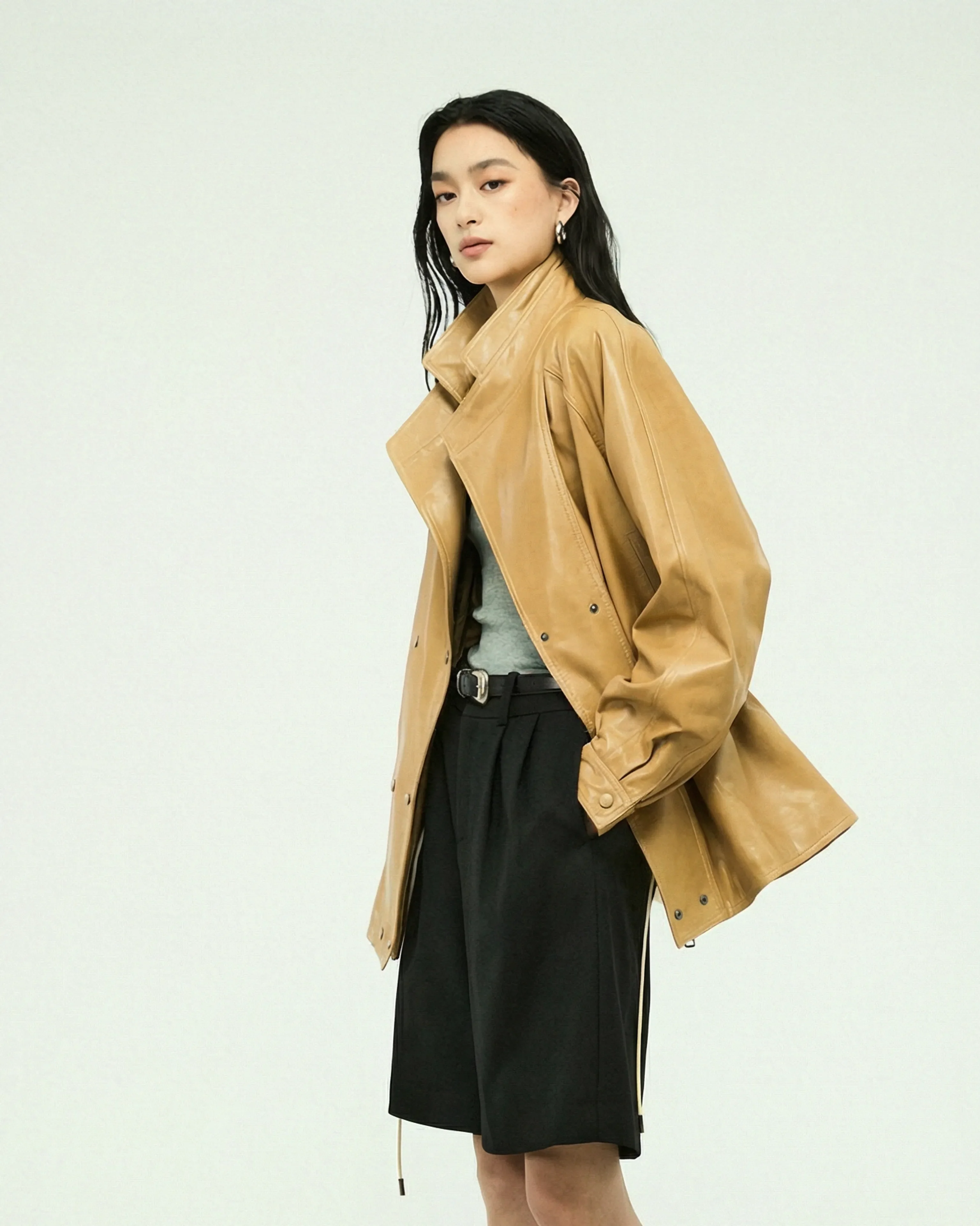 Oil-Waxed Lambskin Double-Collar Coat - Image 5
