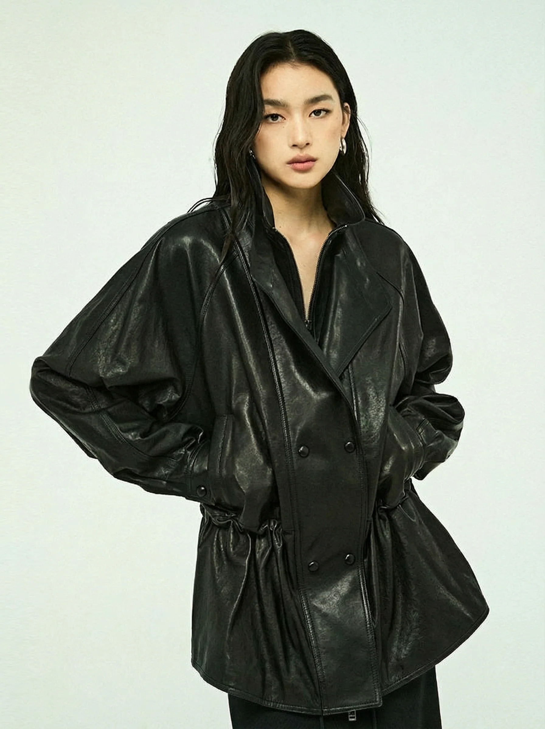 Oil-Waxed Lambskin Double-Collar Coat - Image 6
