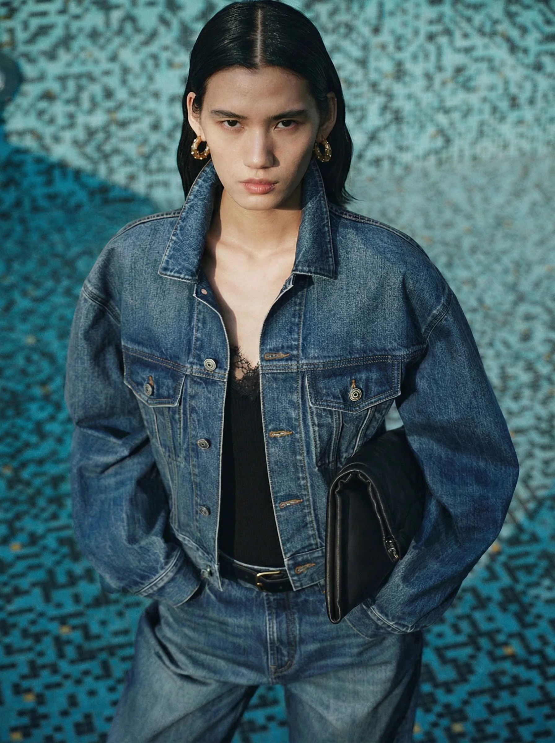 Okayama Washed Denim Cropped Jacket & Wide-Leg Jeans Set - Image 2