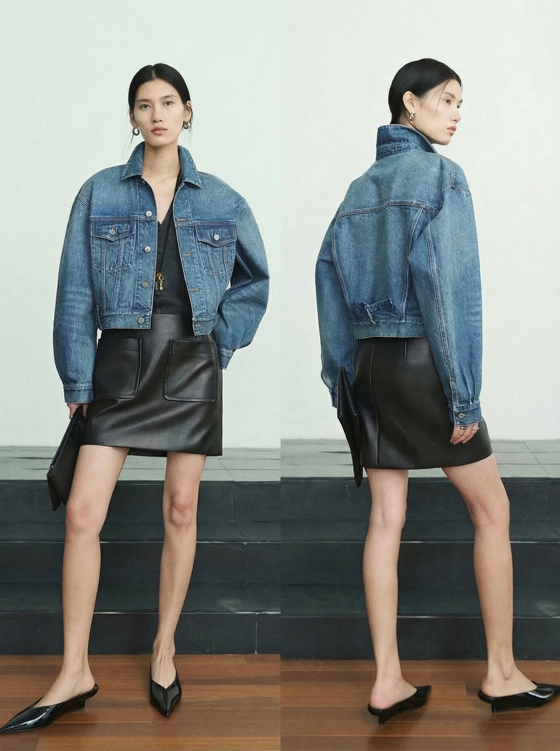 Okayama Washed Denim Cropped Jacket & Wide-Leg Jeans Set - Image 3