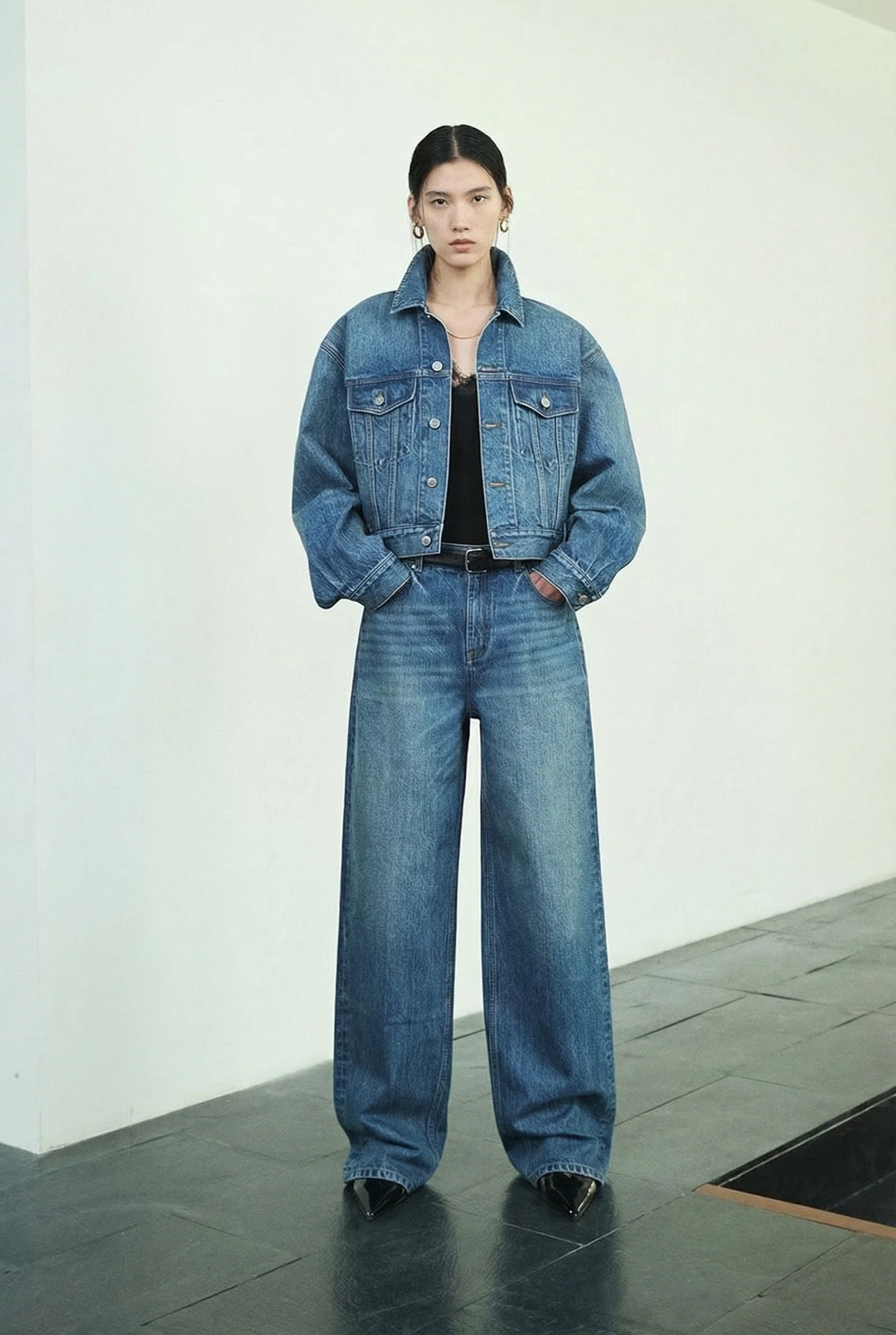 Okayama Washed Denim Cropped Jacket & Wide-Leg Jeans Set - Image 5