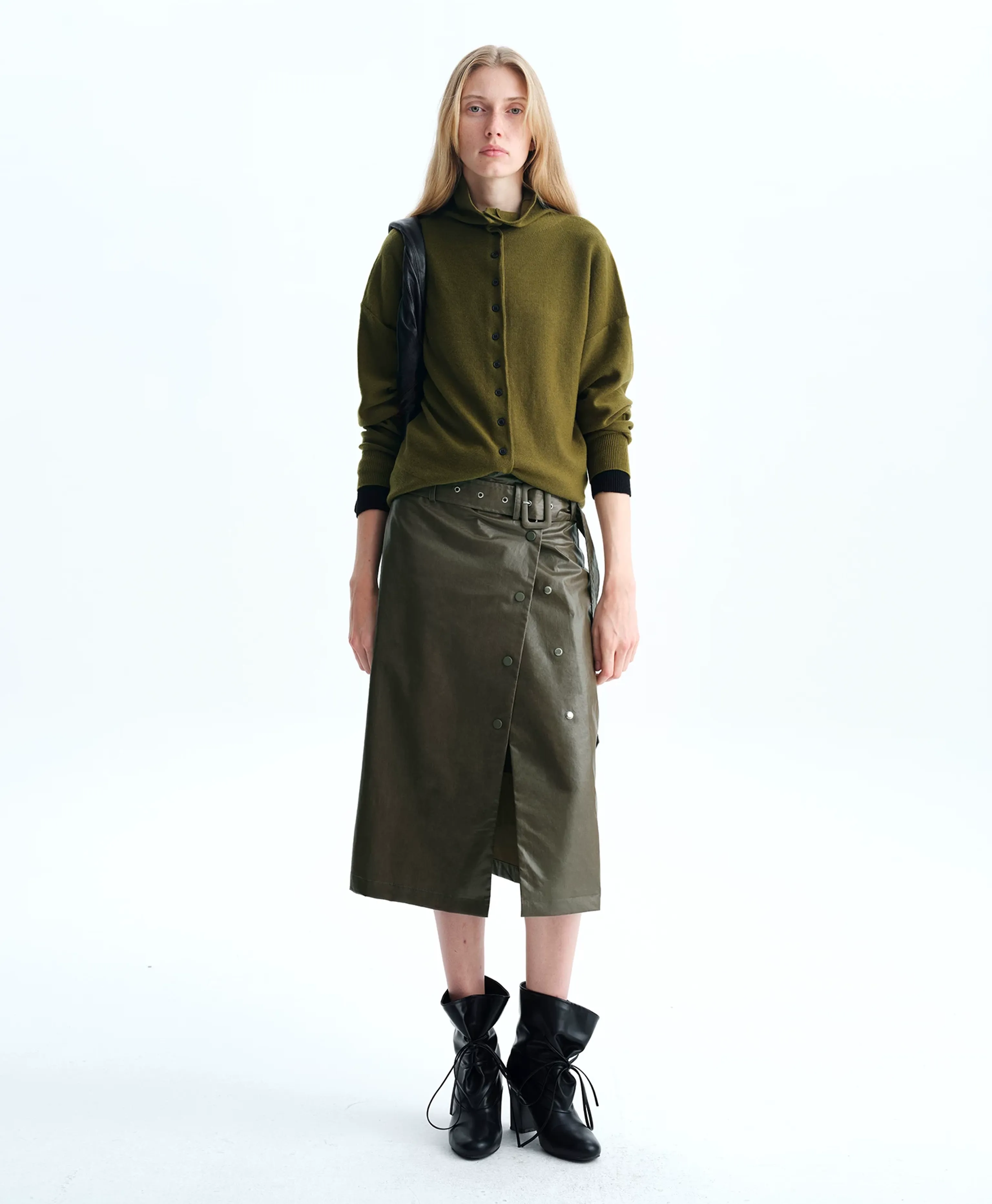 Olive Belted Wrap Midi Skirt - Image 2