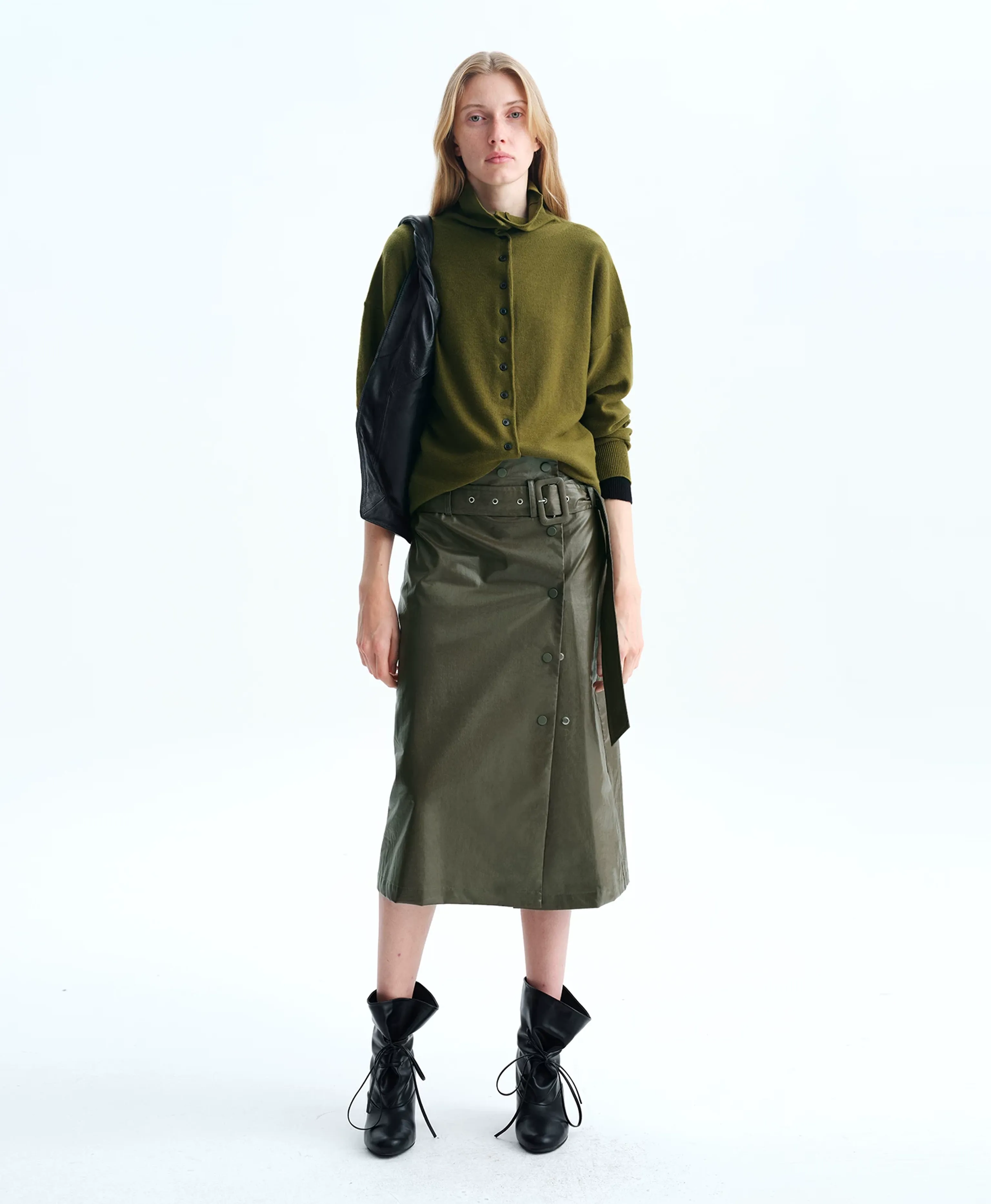 Olive Belted Wrap Midi Skirt - Image 3