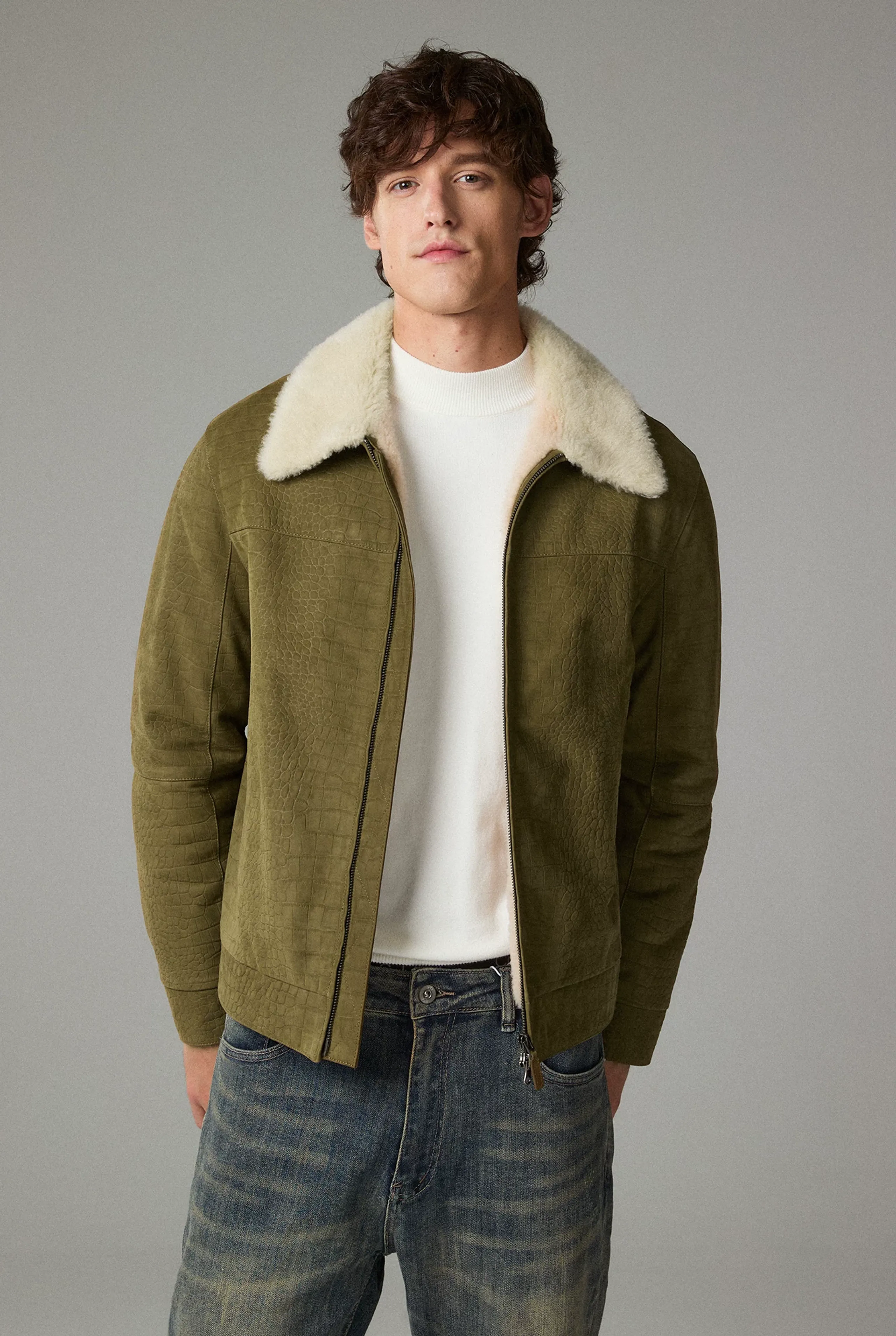 Olive Croc-Embossed Calfskin Zip Jacket