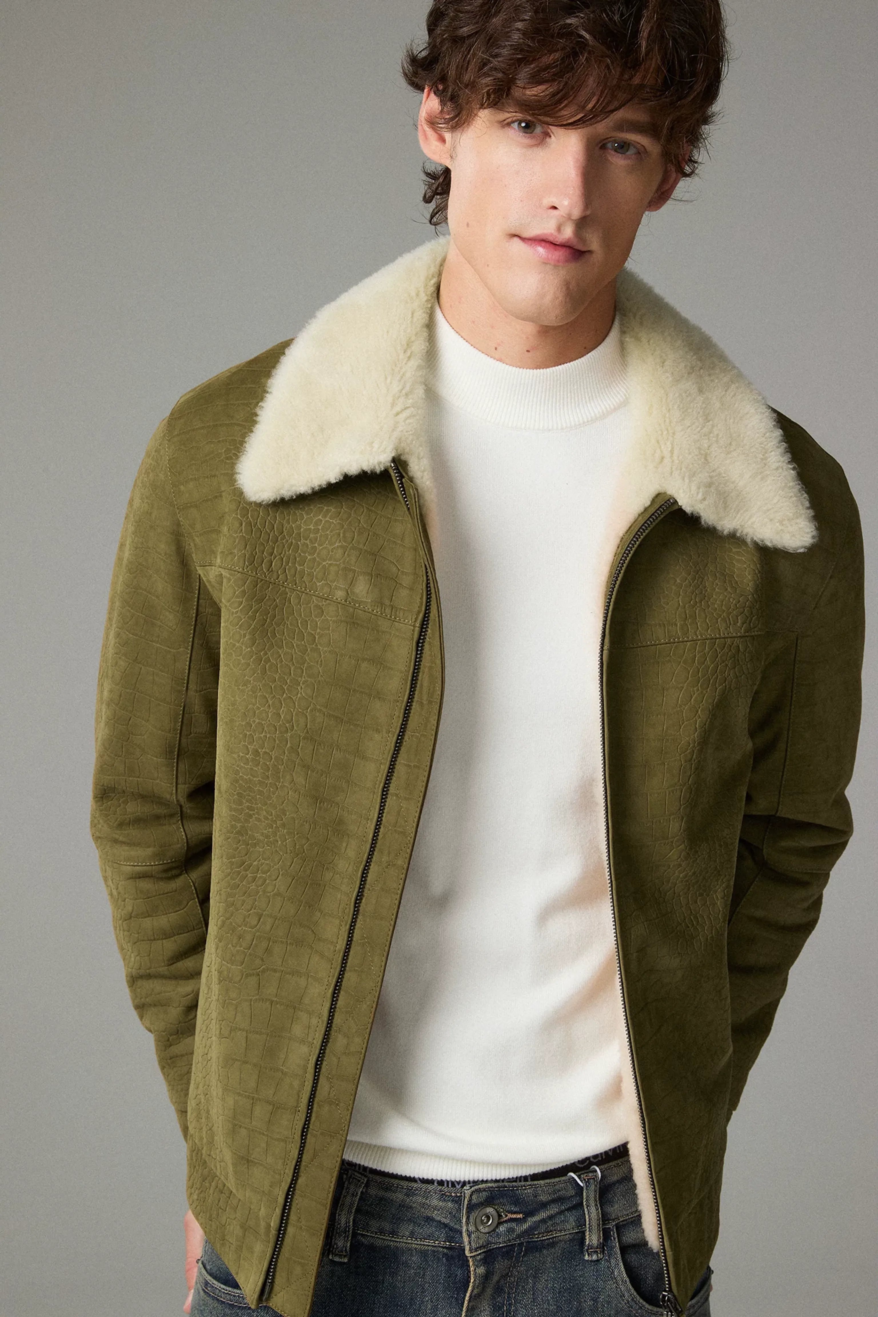 Olive Croc-Embossed Calfskin Zip Jacket - Image 3