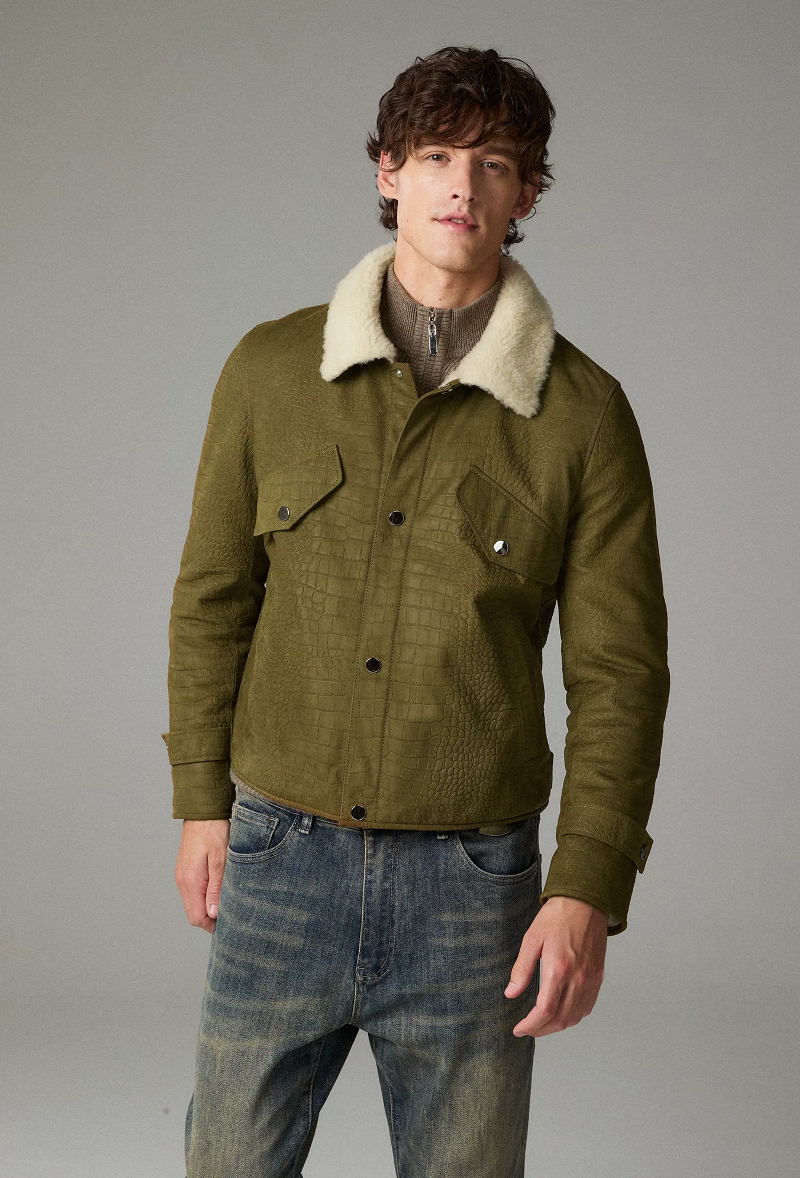 Olive Croc-Embossed Leather Trucker Jacket