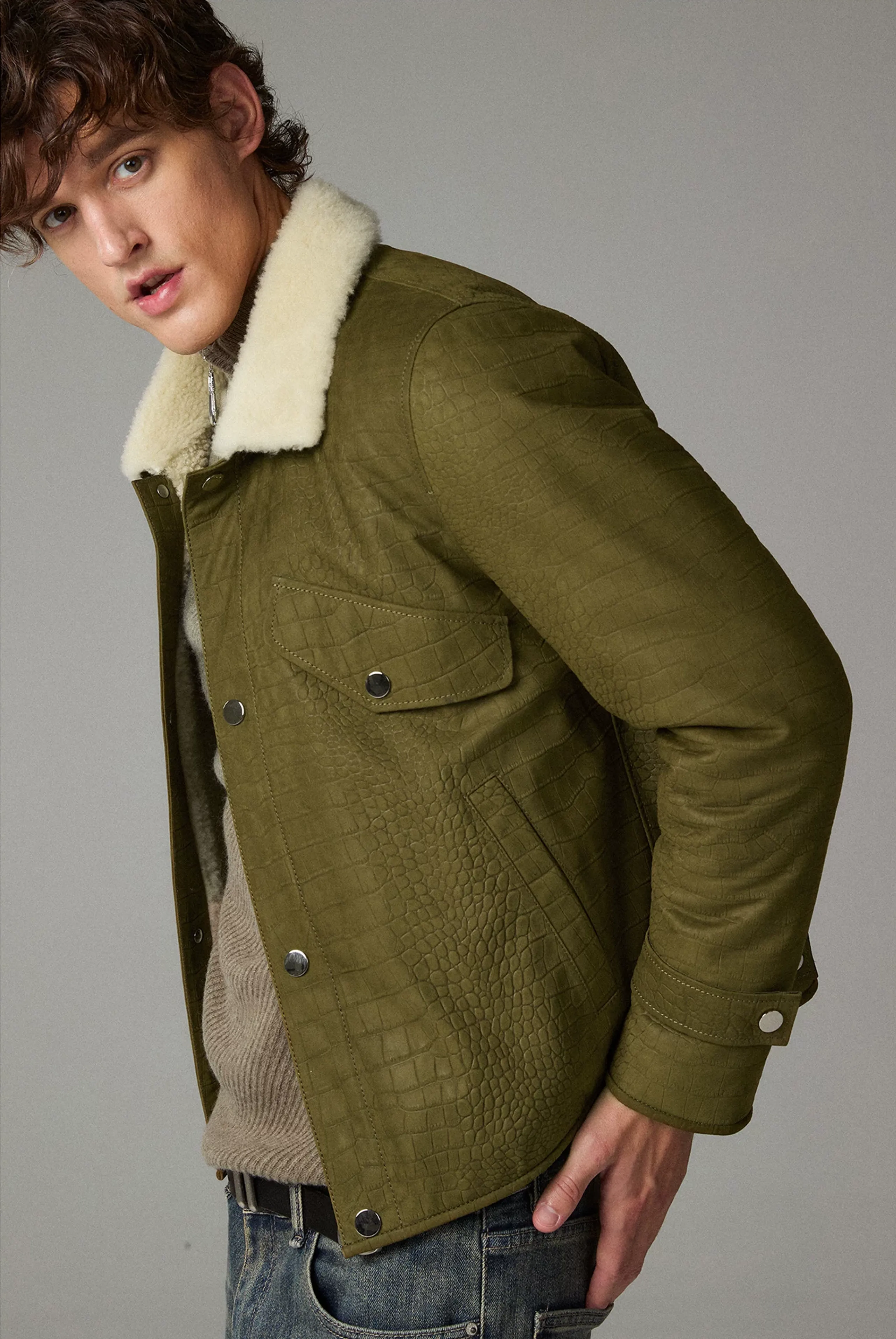 Olive Croc-Embossed Leather Trucker Jacket - Image 2