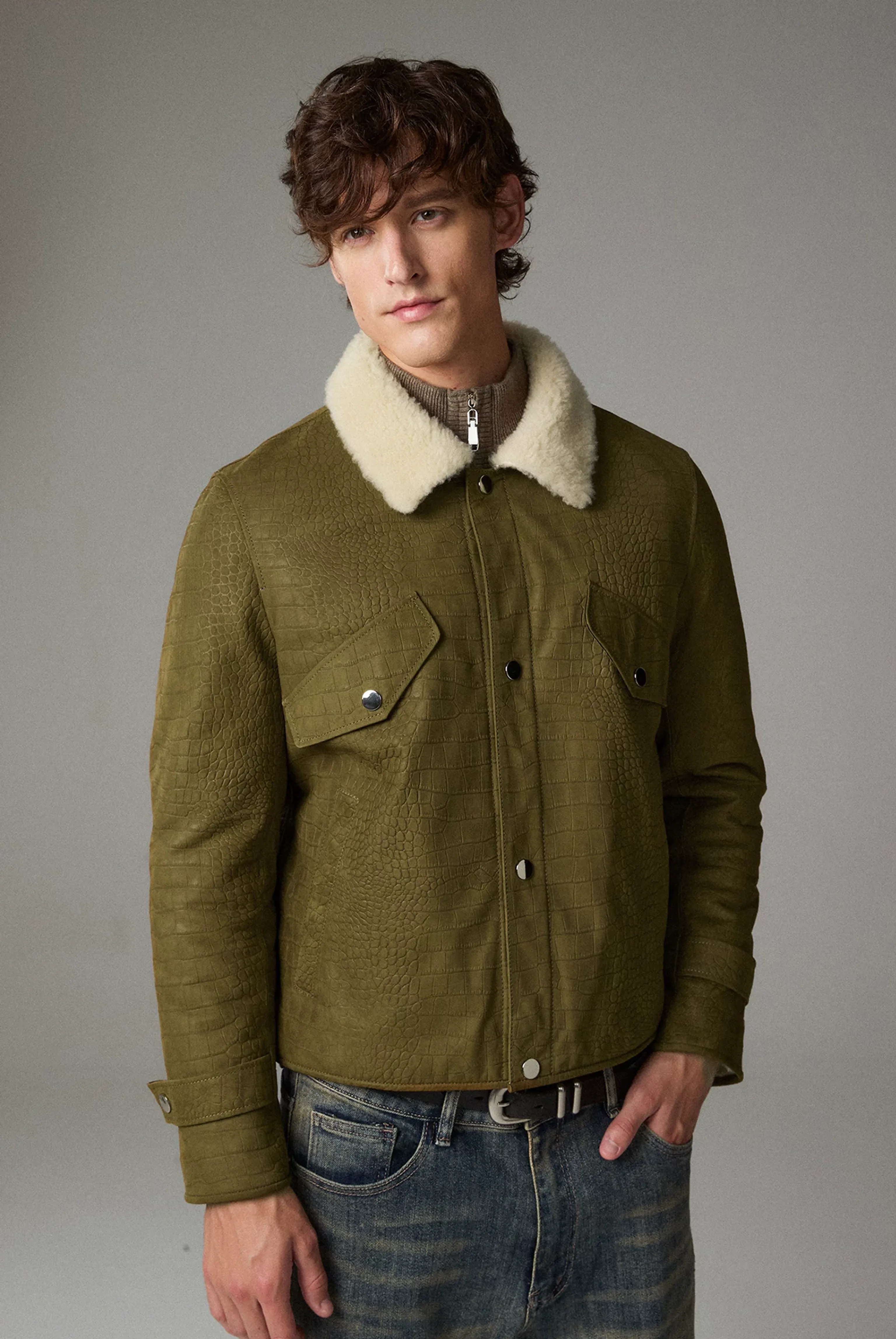 Olive Croc-Embossed Leather Trucker Jacket - Image 3