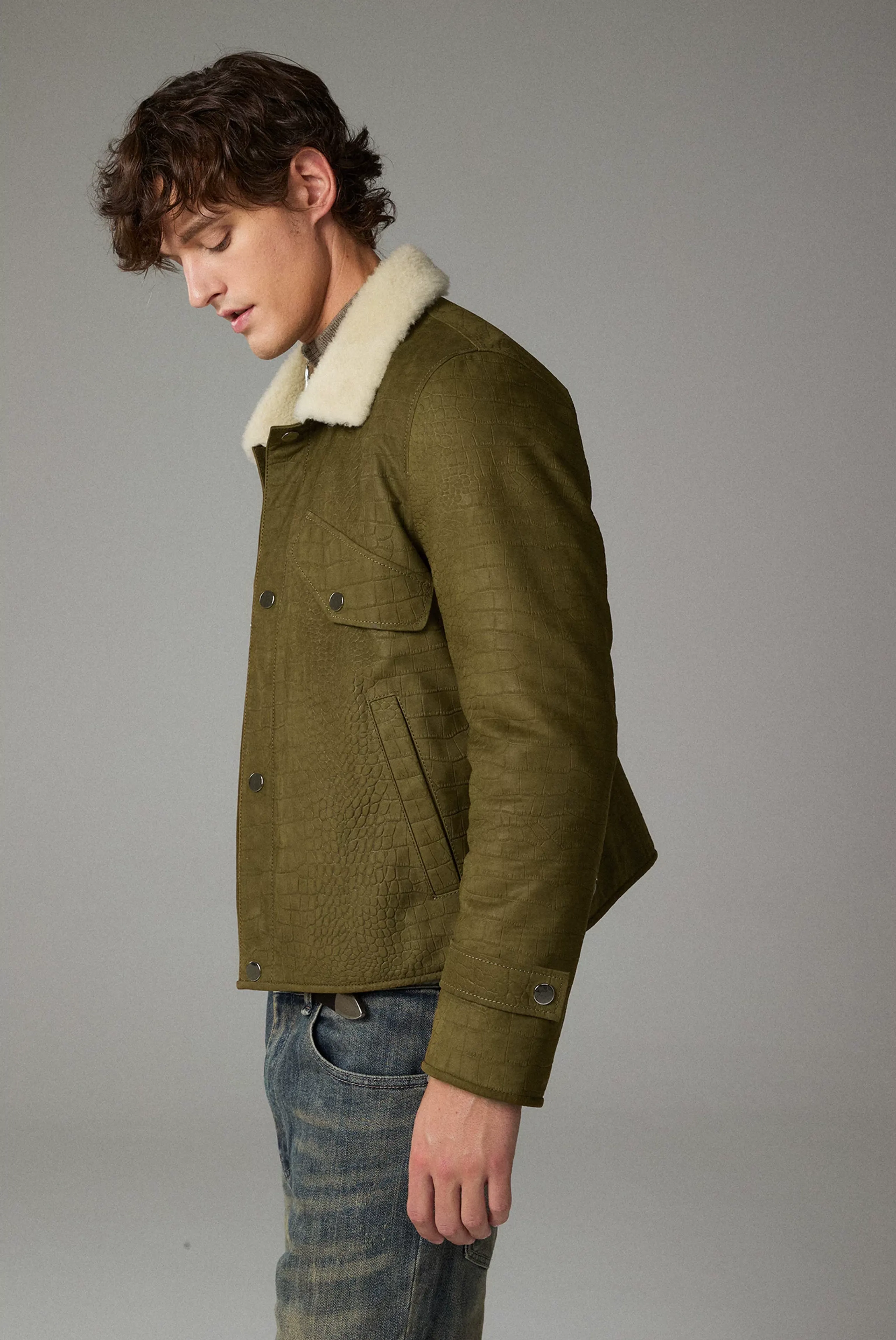 Olive Croc-Embossed Leather Trucker Jacket - Image 4