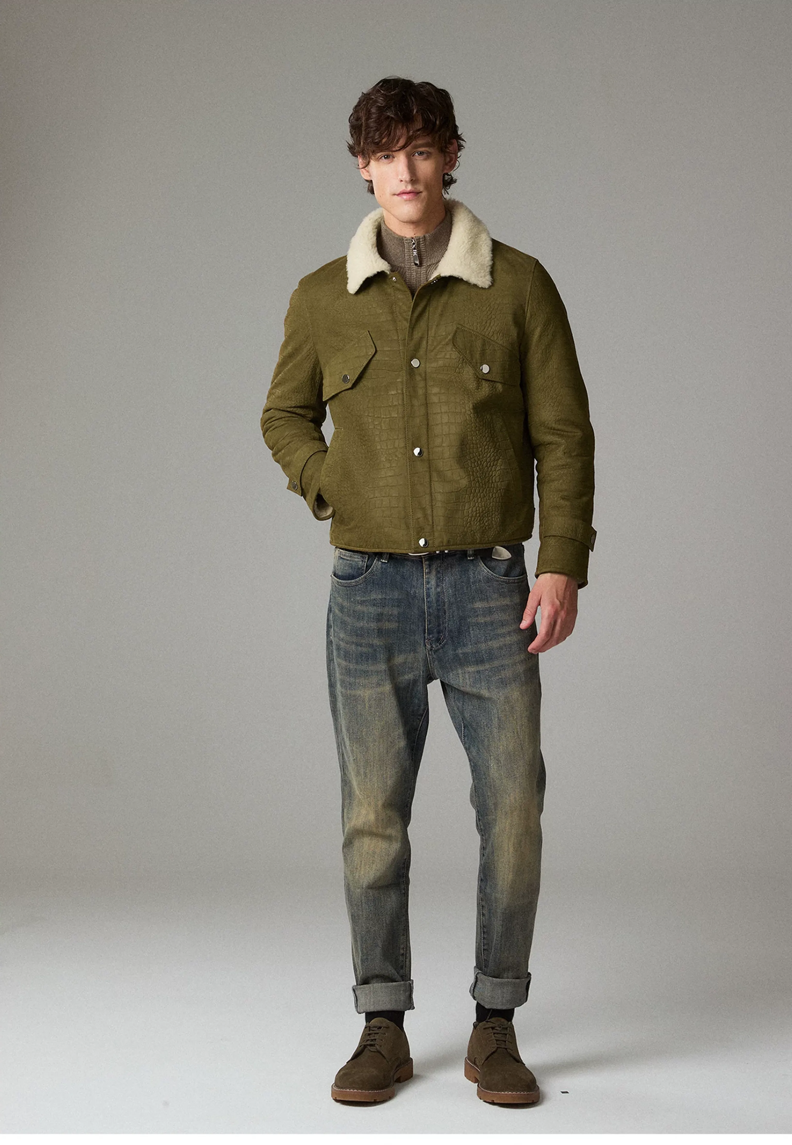 Olive Croc-Embossed Leather Trucker Jacket - Image 5