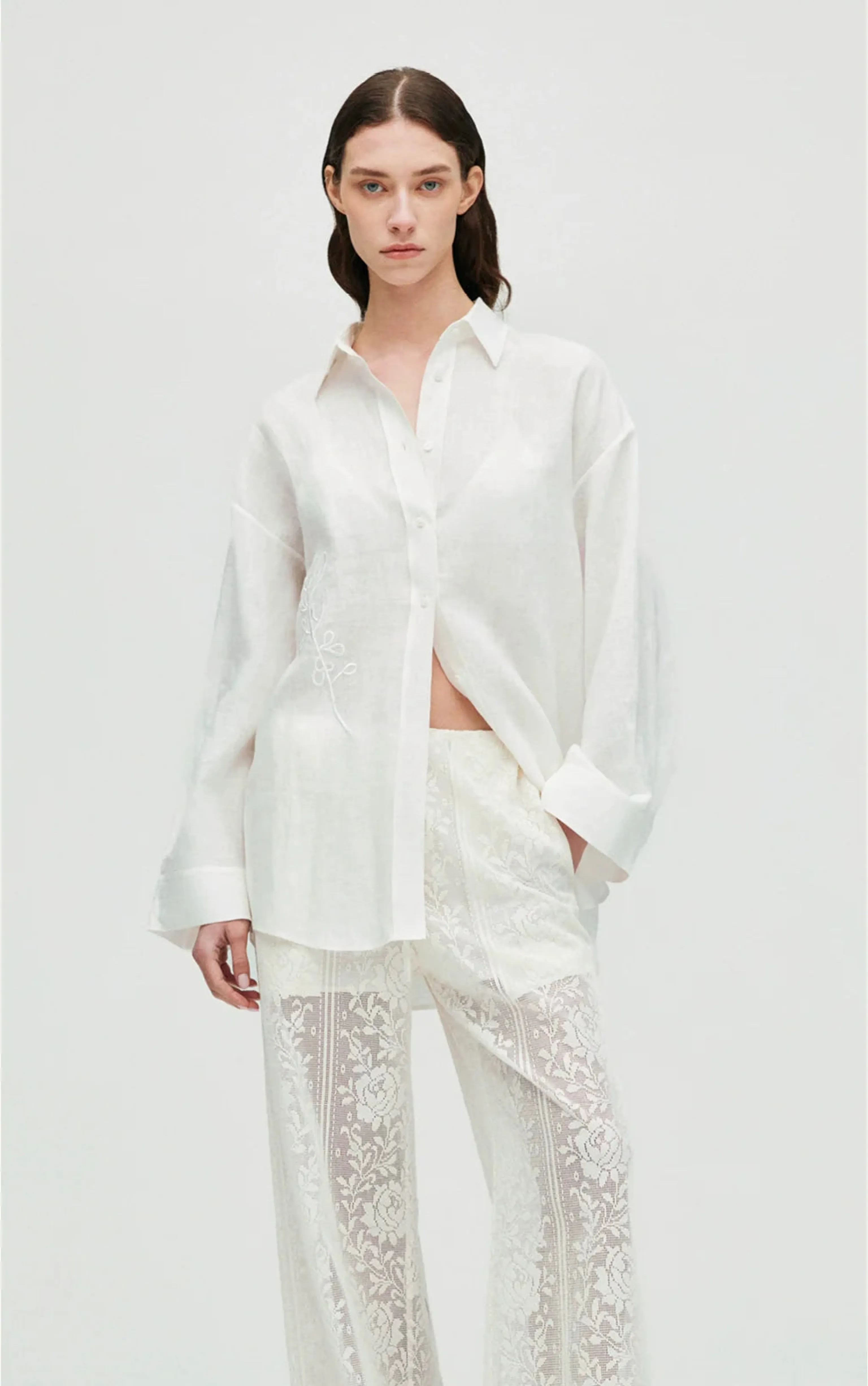 Olive Embroidery Linen Shirt