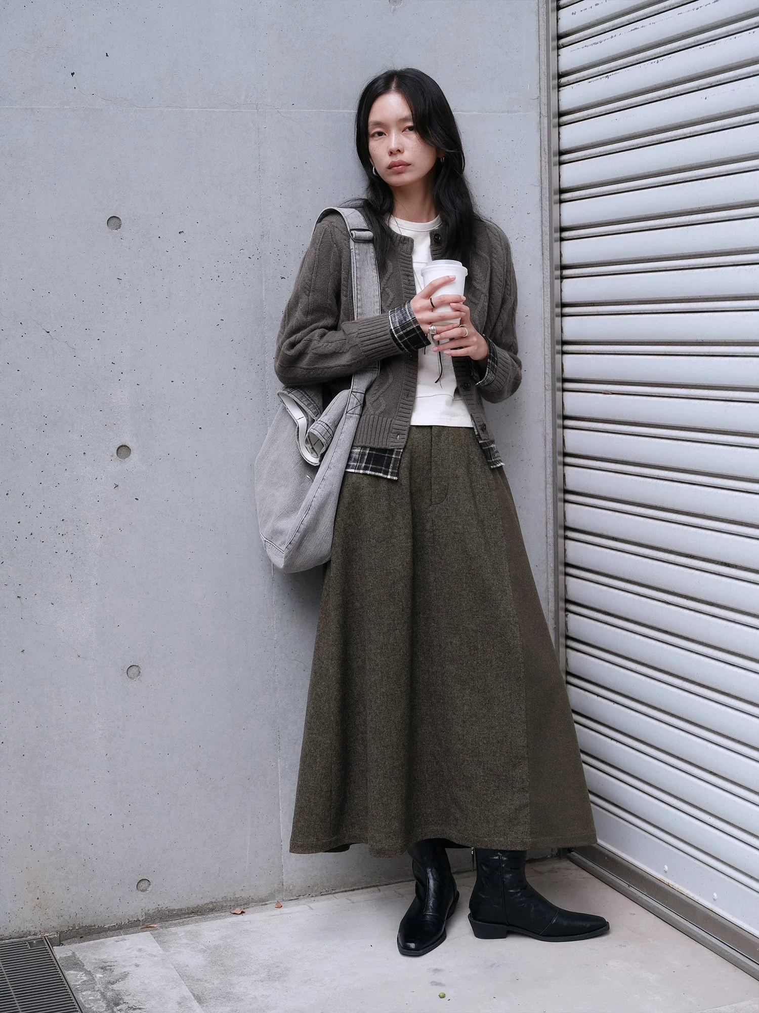 Olive Wool-Blend A-Line Maxi Skirt - Image 4