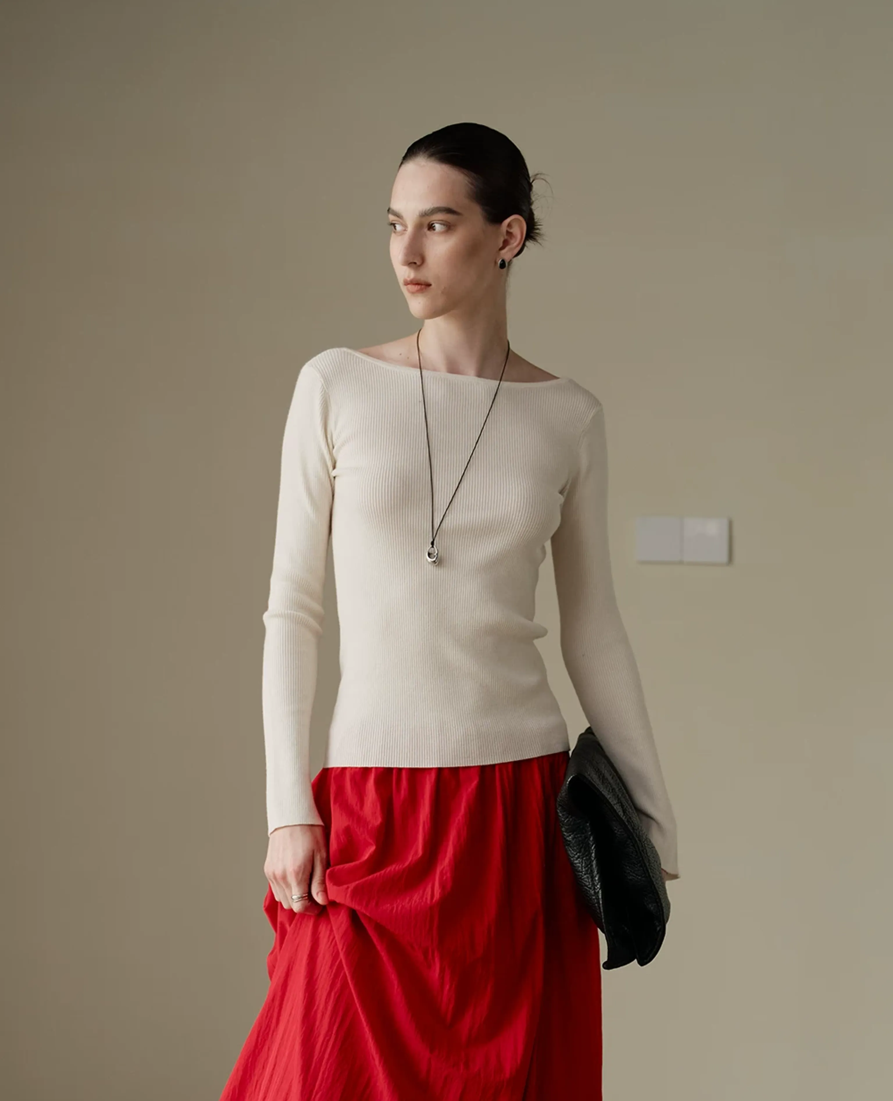 Open-Back Boat Neck Wool Rib Top