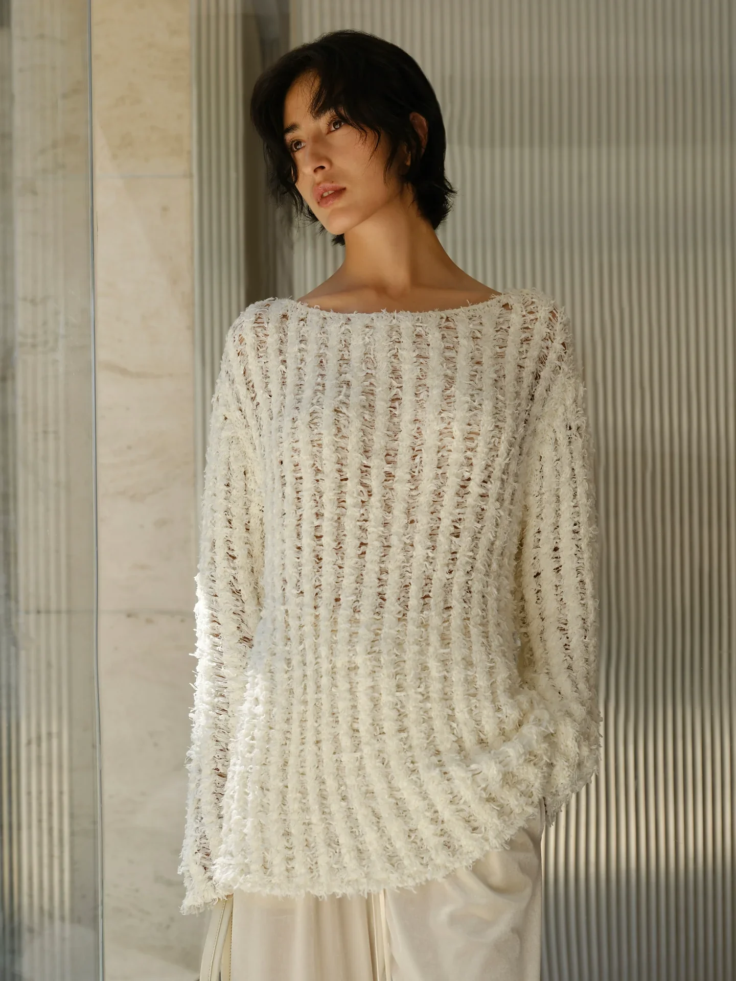 Open-Knit Boat-Neck Sweater