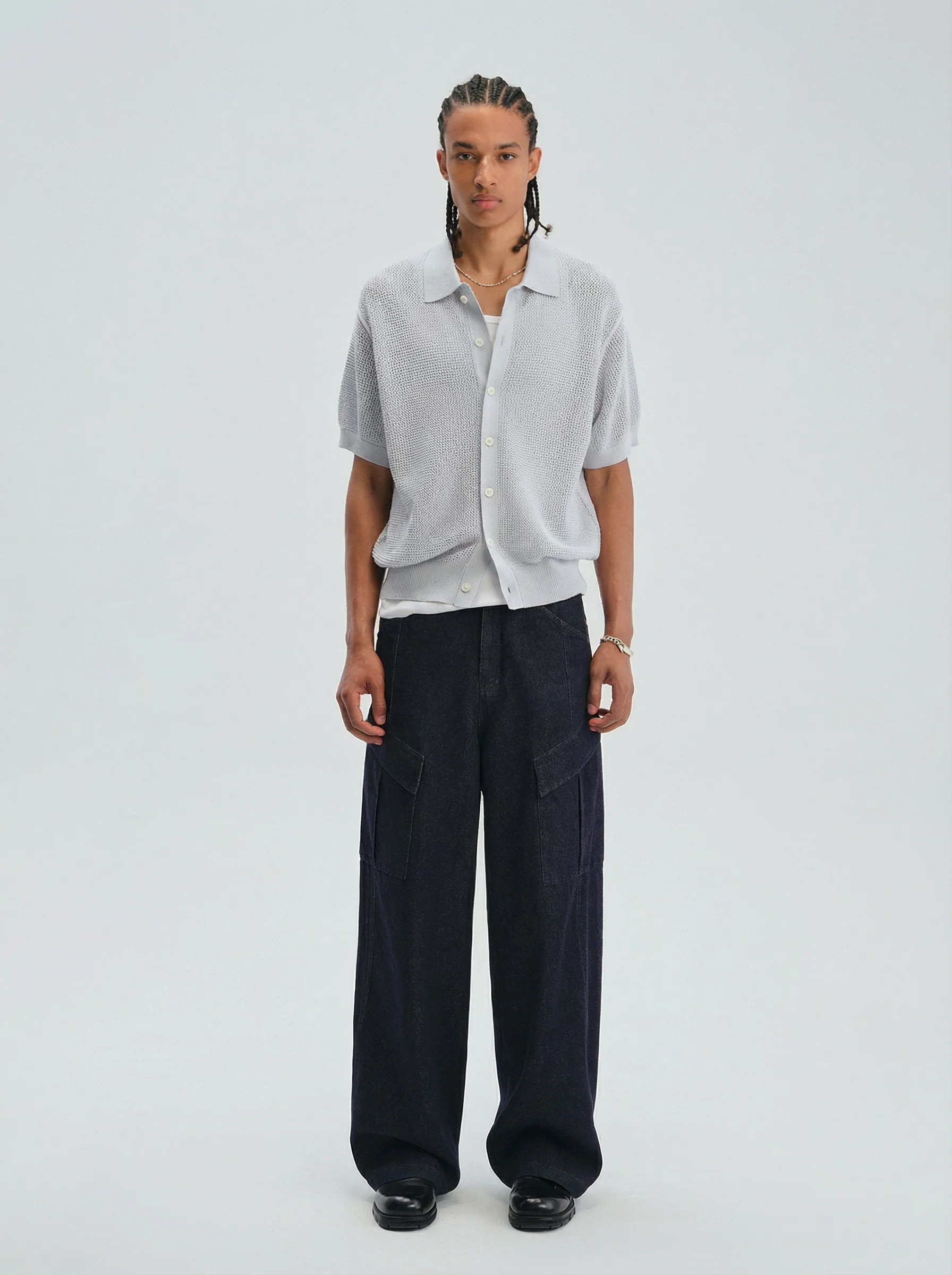 Open-Knit Button Polo Shirt