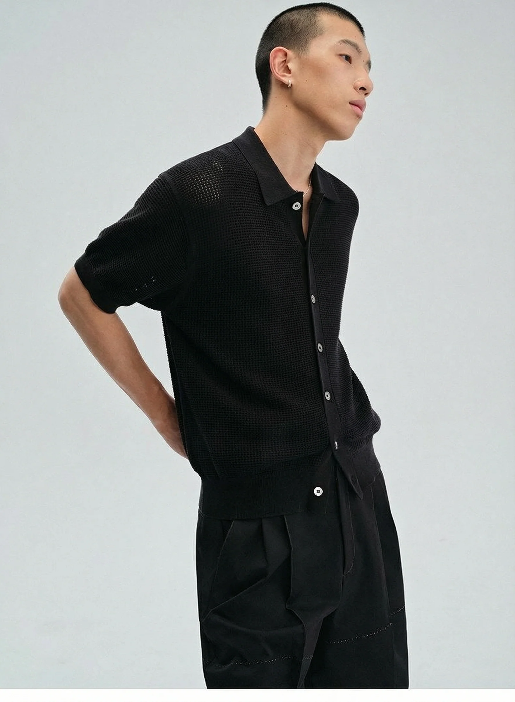 Open-Knit Button Polo Shirt - Image 4