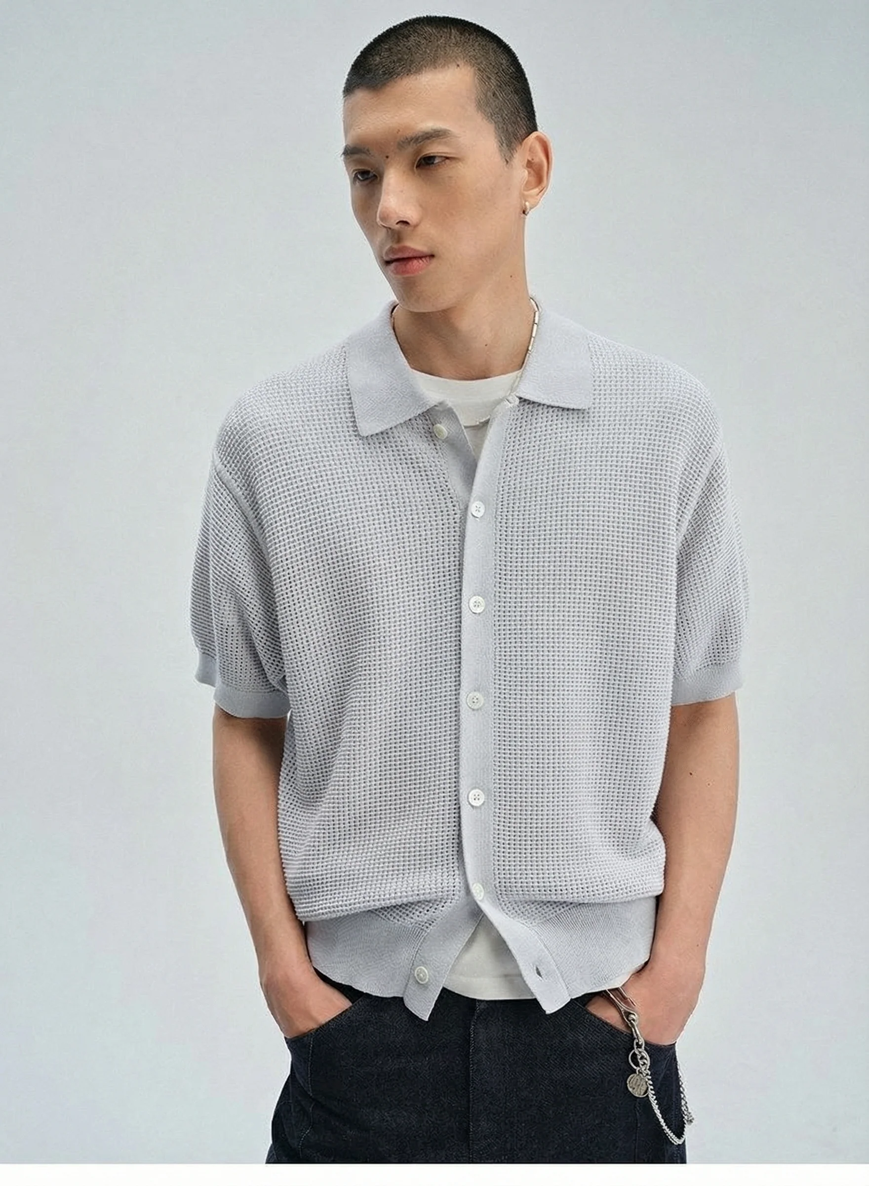 Open-Knit Button Polo Shirt - Image 5