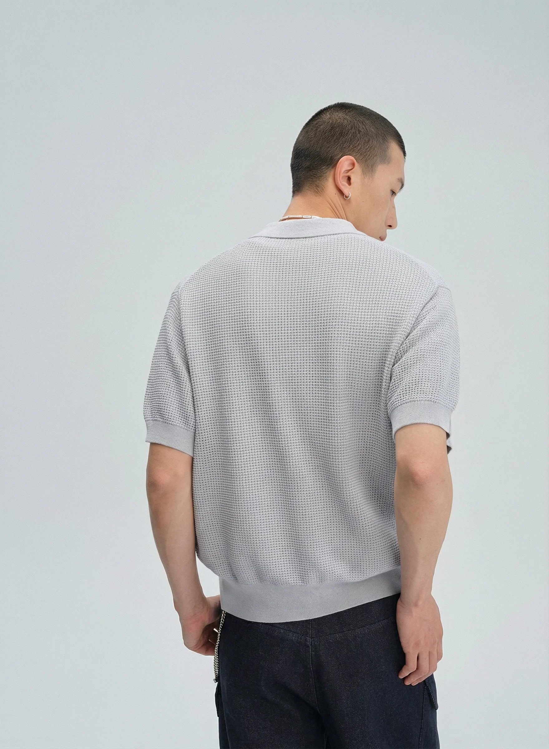 Open-Knit Button Polo Shirt - Image 6