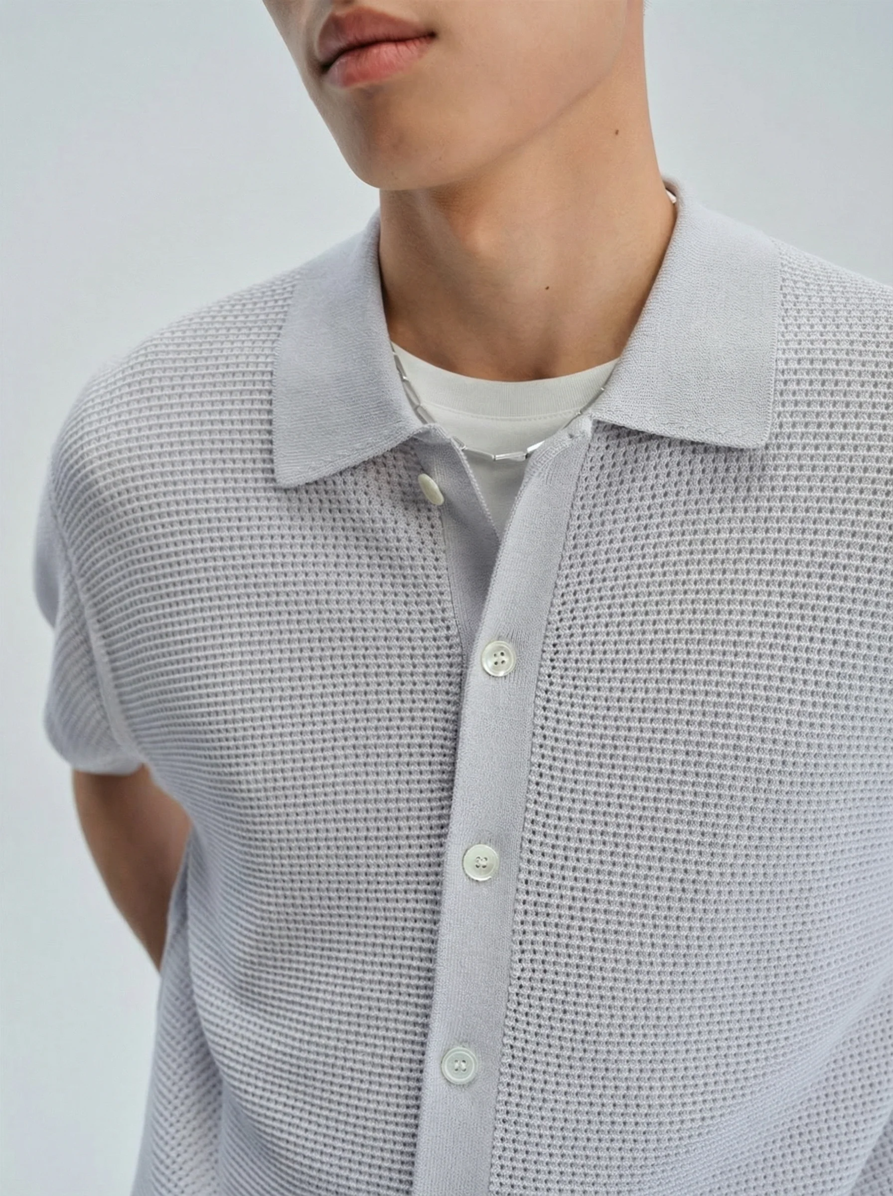 Open-Knit Button Polo Shirt - Image 8