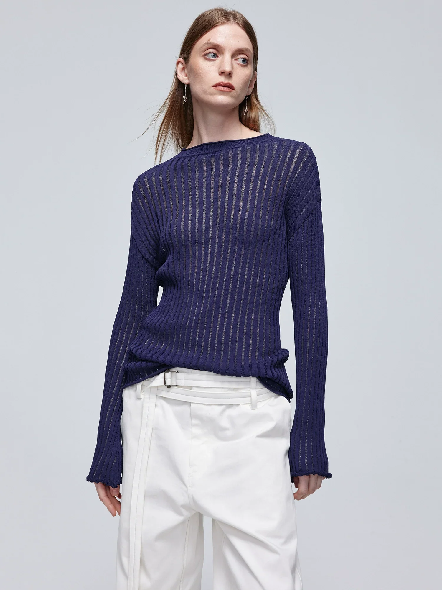 Open-Knit Ribbed Crew Sweater - Image 3