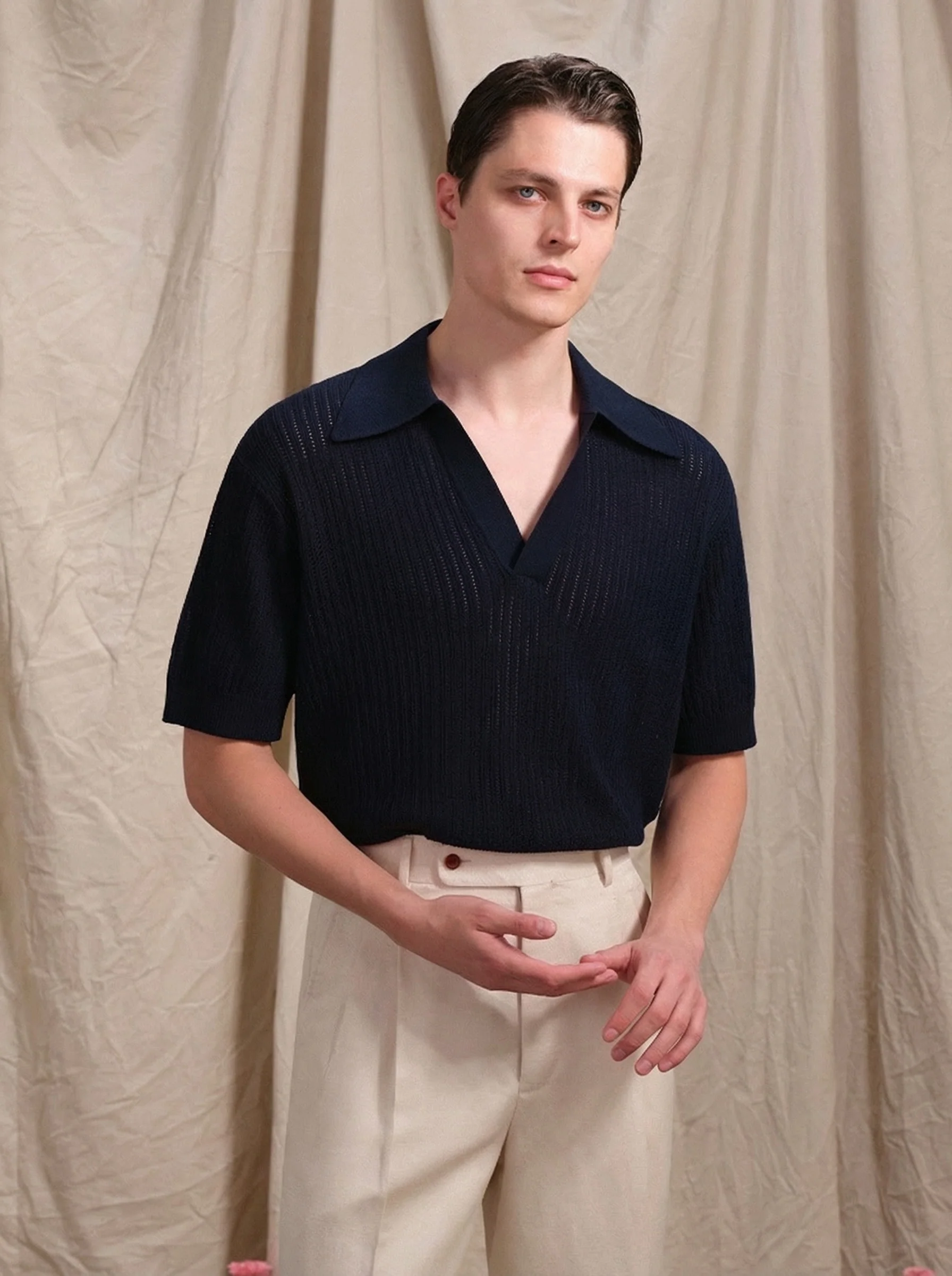 Openwork Knit Polo Shirt - Image 3