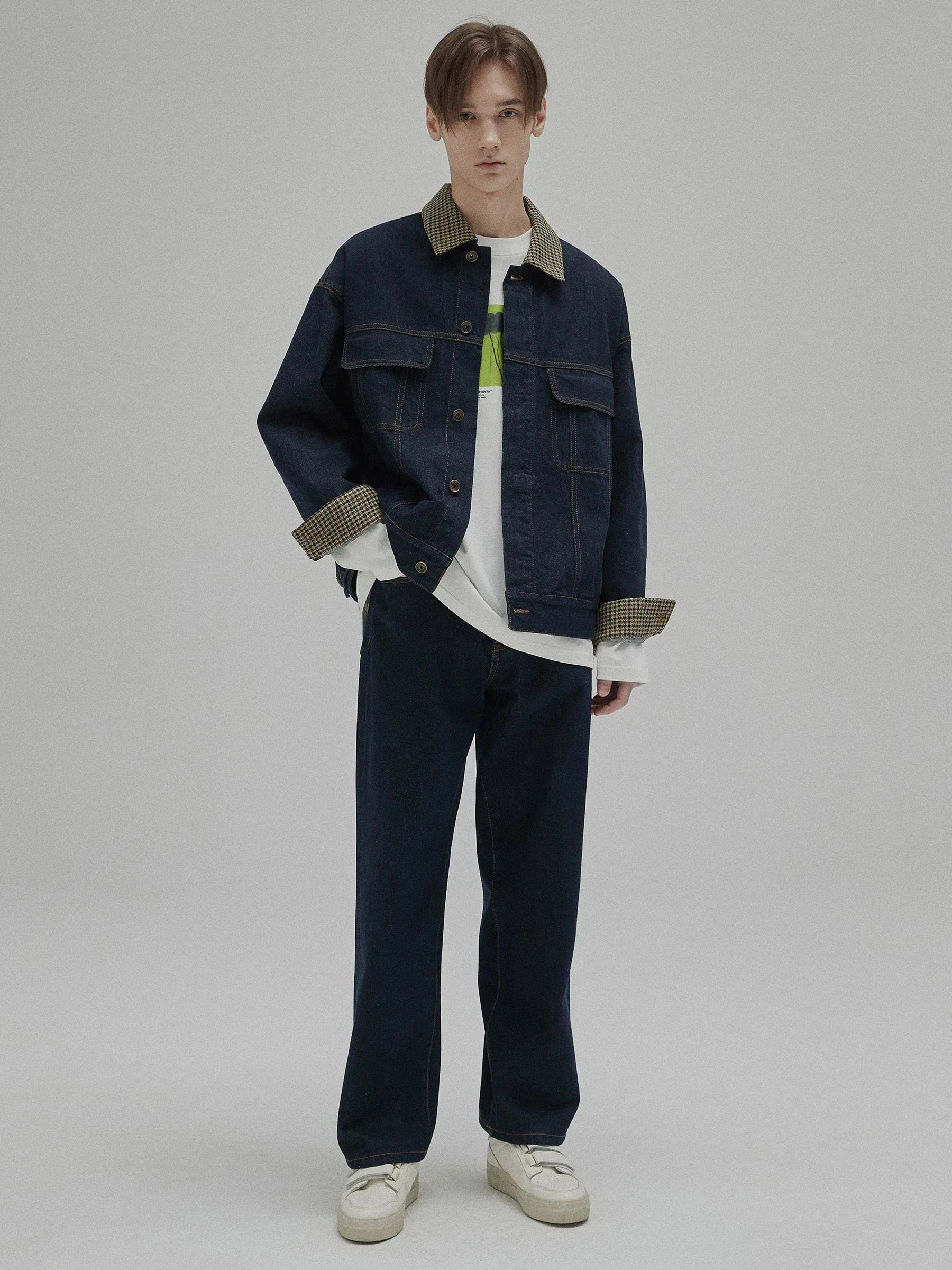 Oversized 12oz Denim Jacket with Plaid Collar