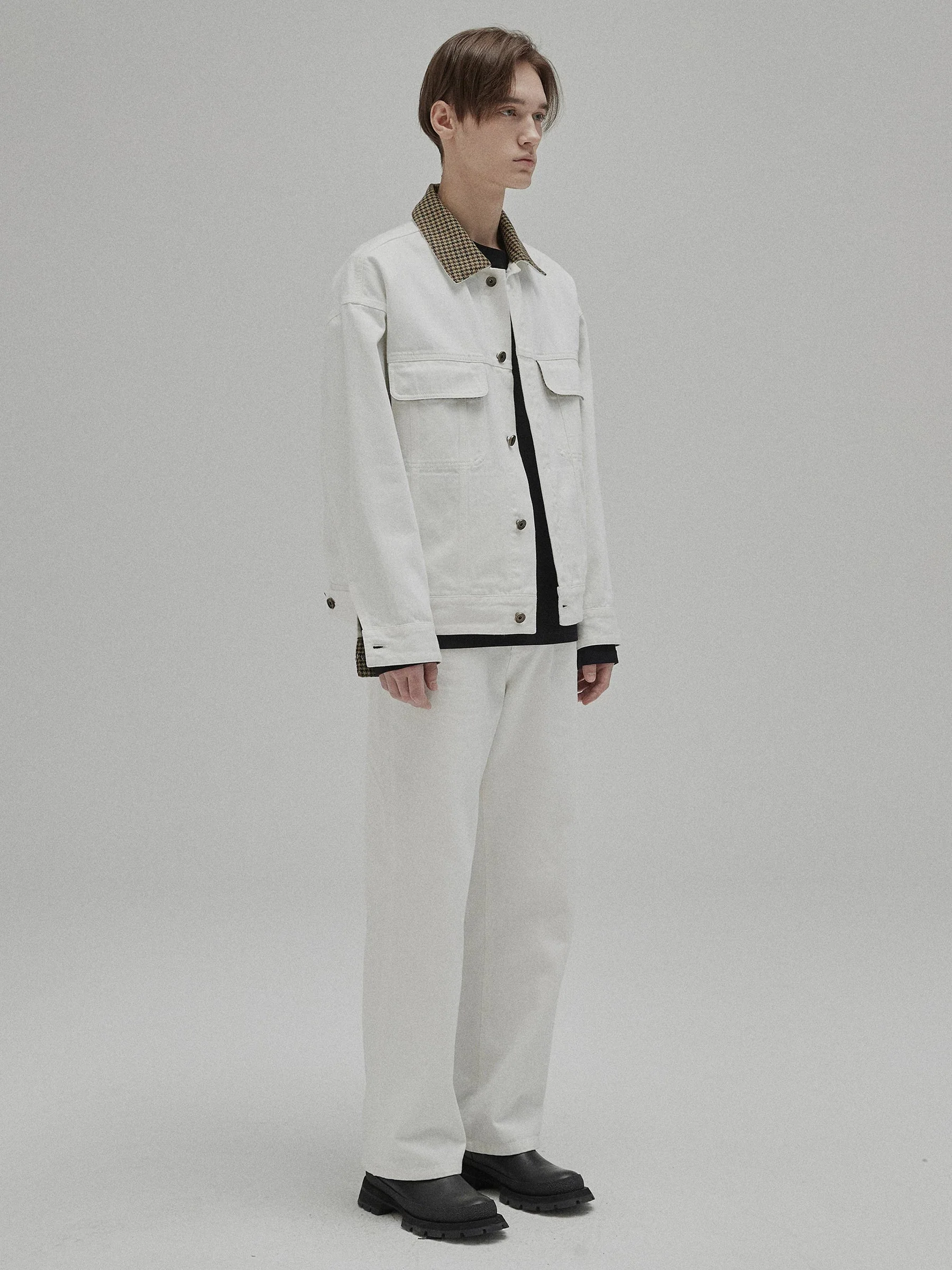 Oversized 12oz Denim Jacket with Plaid Collar - Image 3