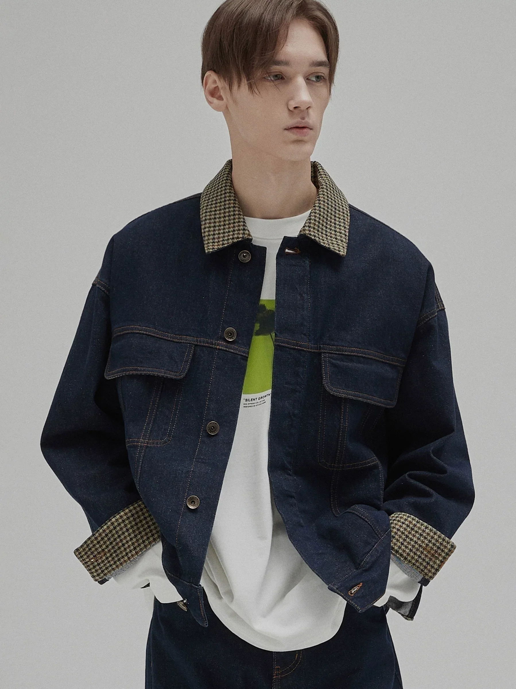 Oversized 12oz Denim Jacket with Plaid Collar - Image 5