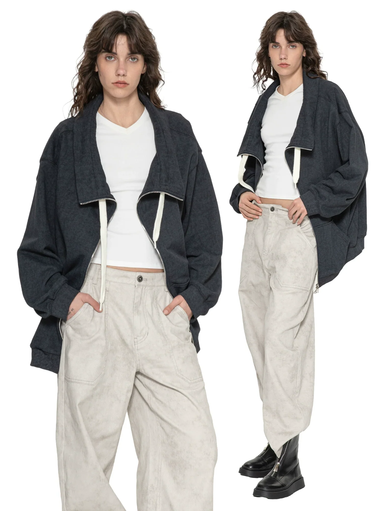 Oversized Wide-Collar Zip Hoodie
