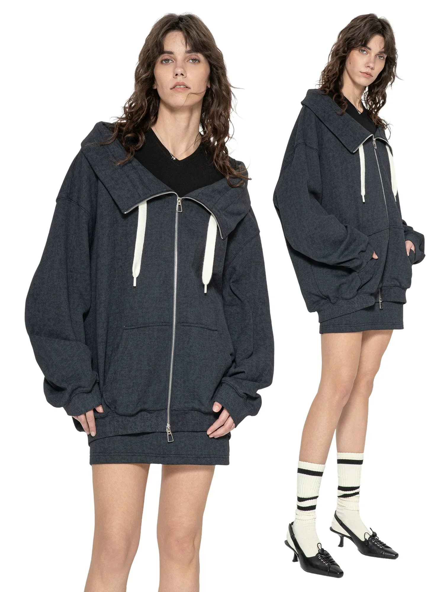 Oversized Wide-Collar Zip Hoodie - Image 2