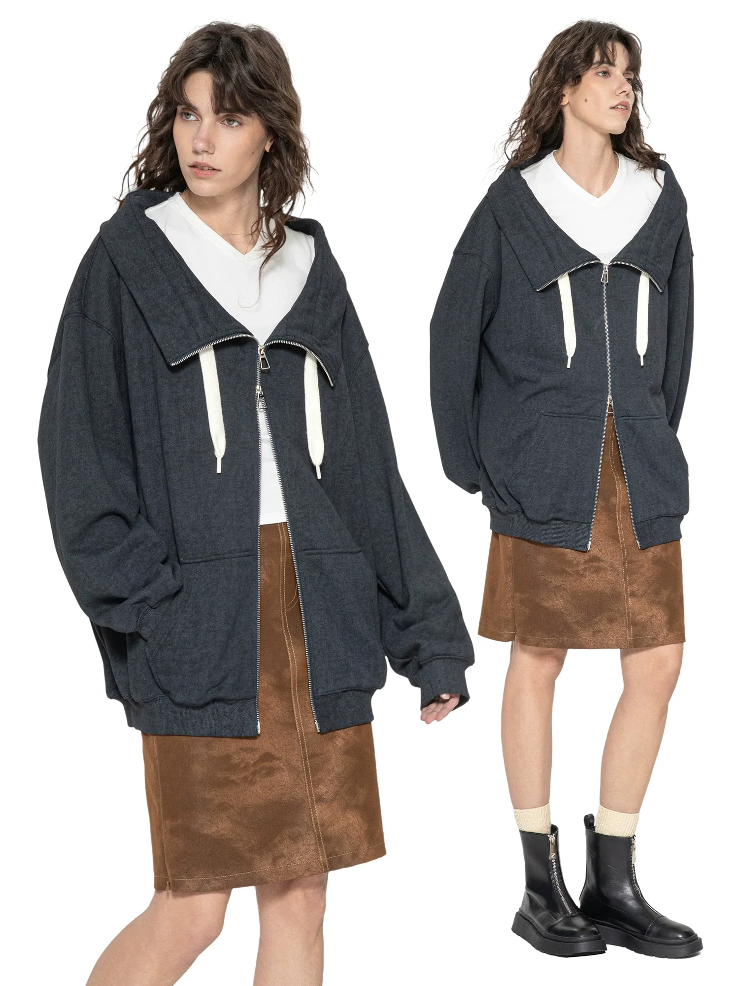 Oversized Wide-Collar Zip Hoodie - Image 3