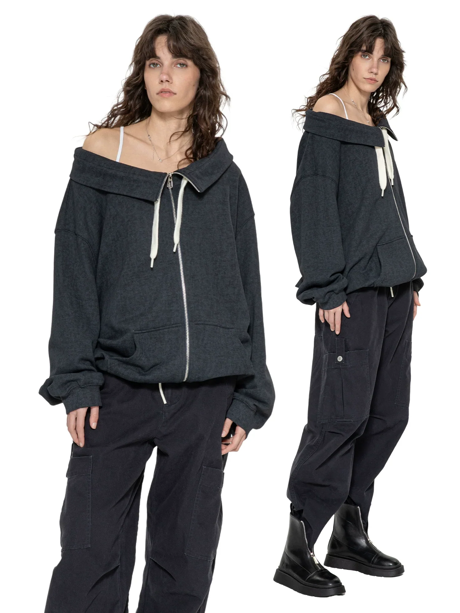 Oversized Wide-Collar Zip Hoodie - Image 4