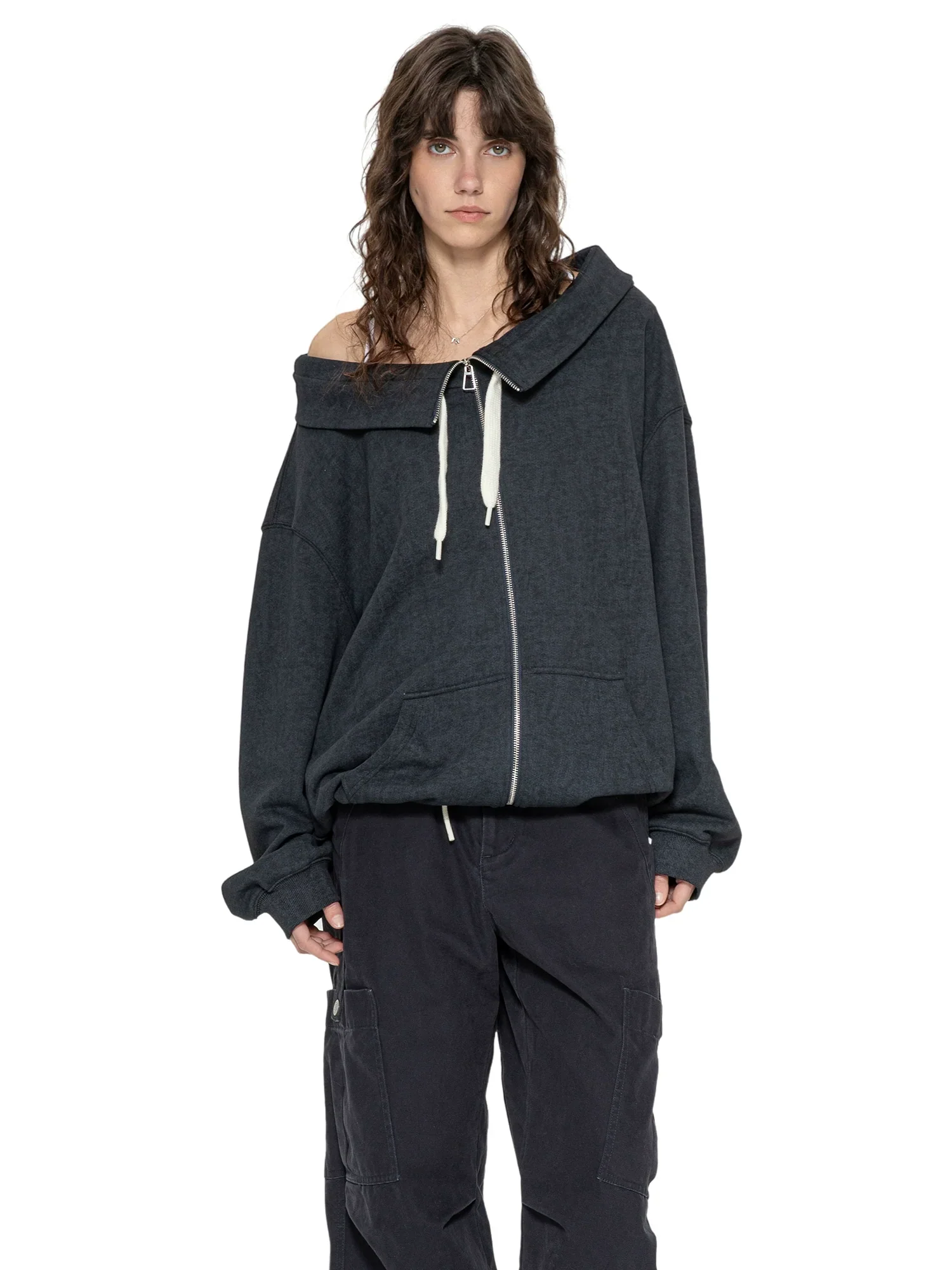 Oversized Wide-Collar Zip Hoodie - Image 5