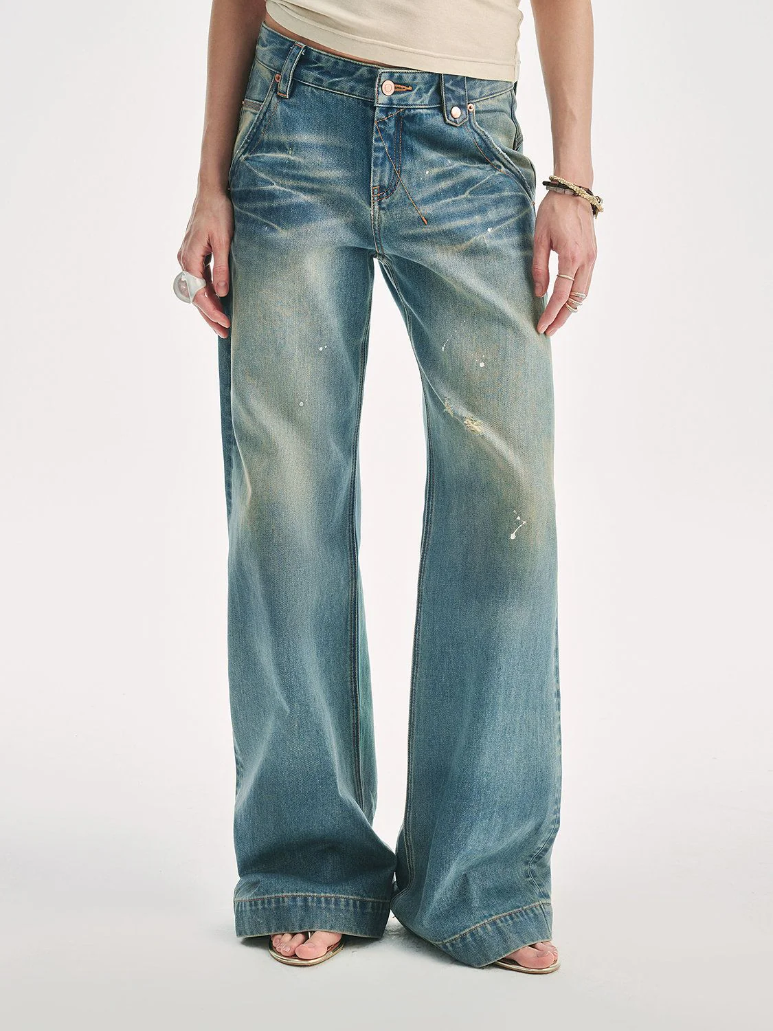 Paint-Splatter Wide-Leg Jeans