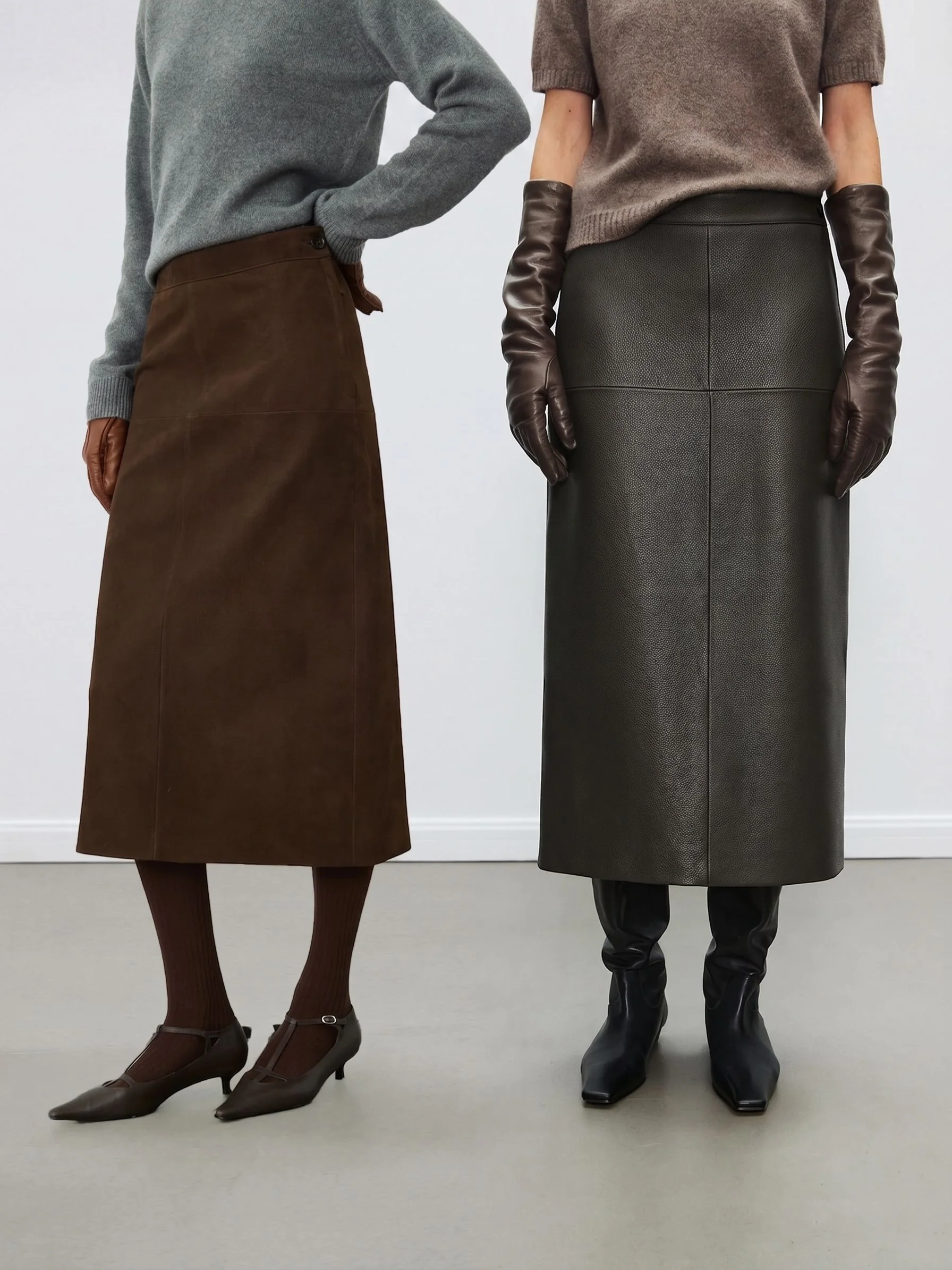 Paneled Leather Midi Skirt