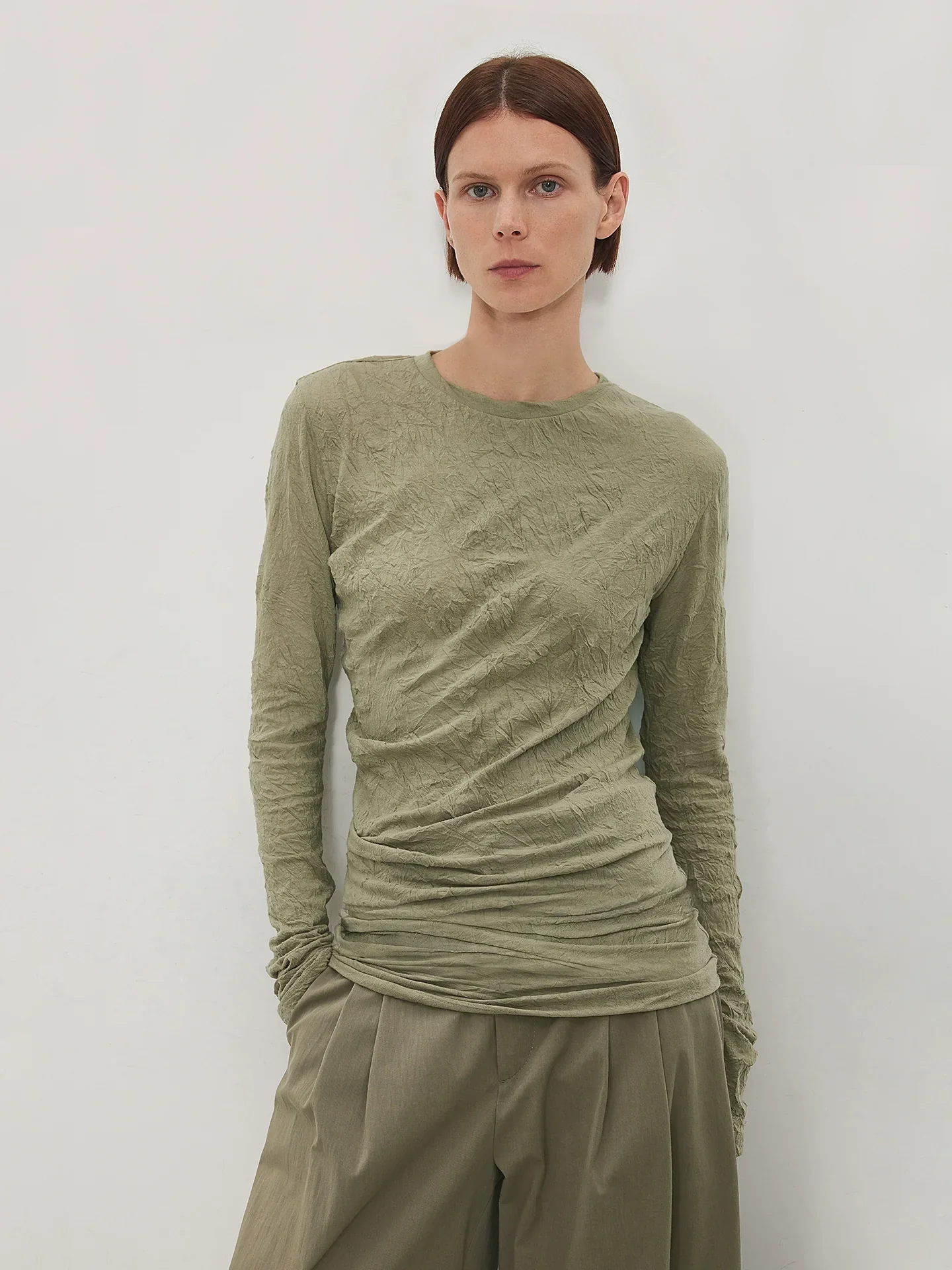 Paper-Feel Crinkle Long-Sleeve Top