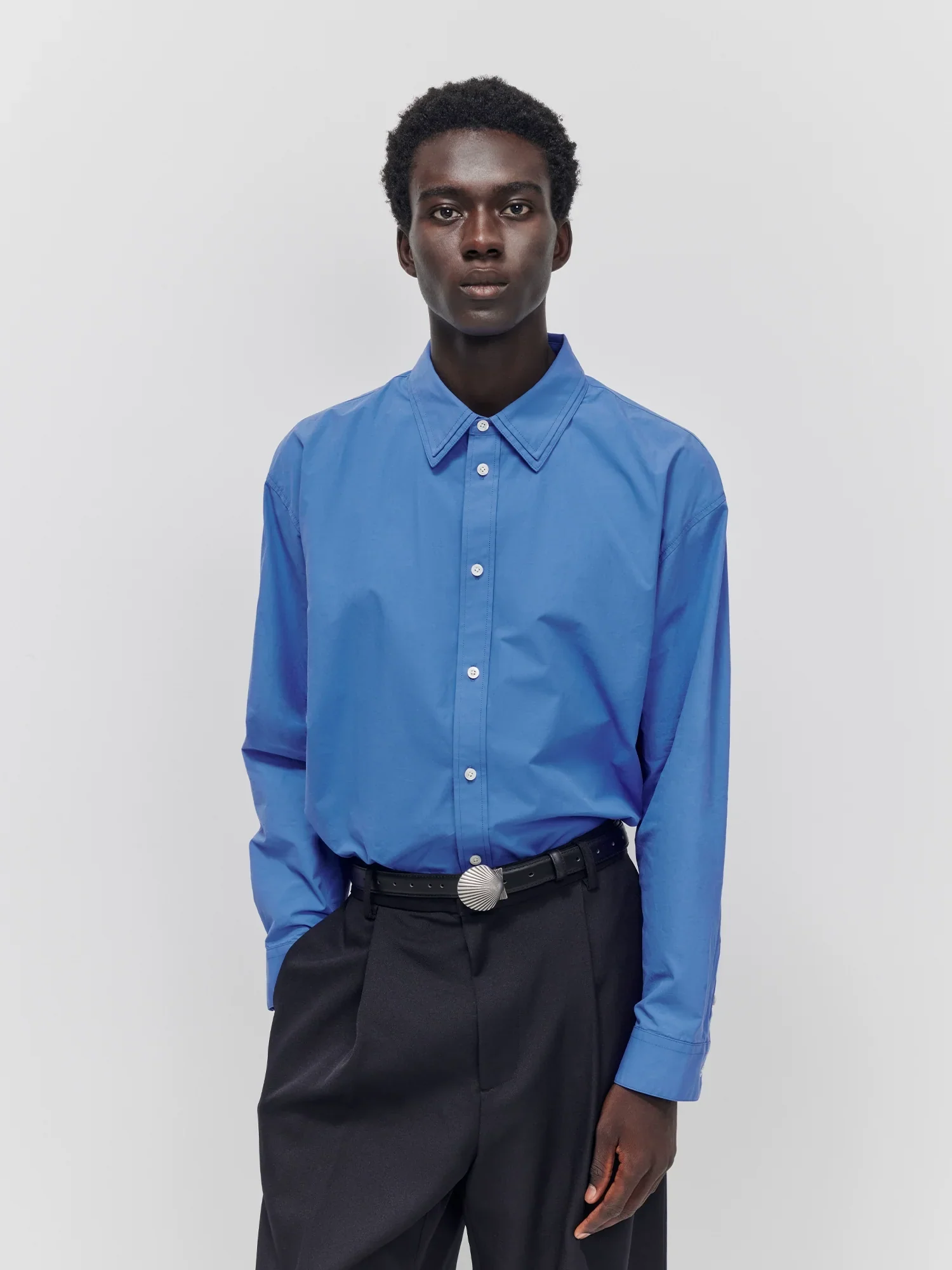 Paper-Textured Cotton Layered Collar Shirt
