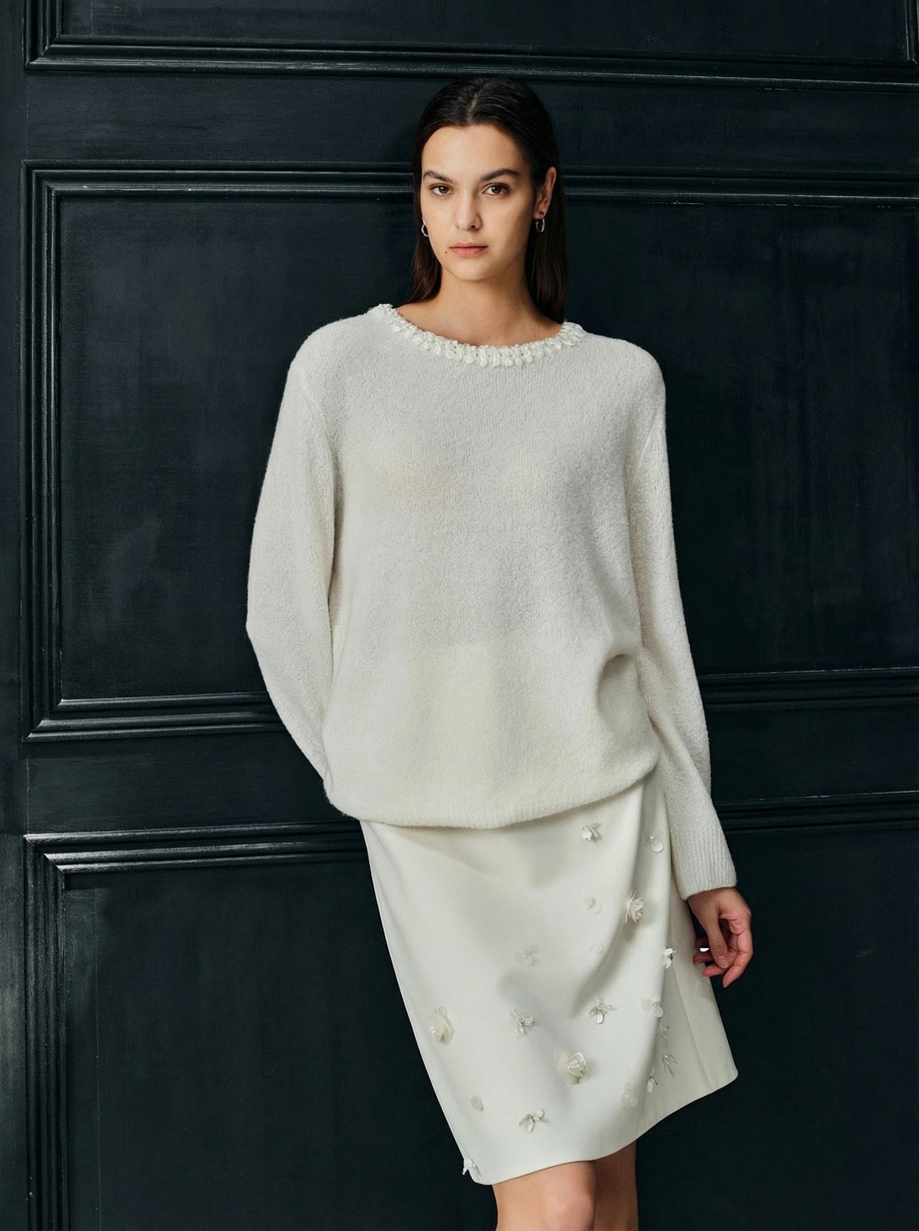 Pearl-Trim Crochet Crewneck Sweater
