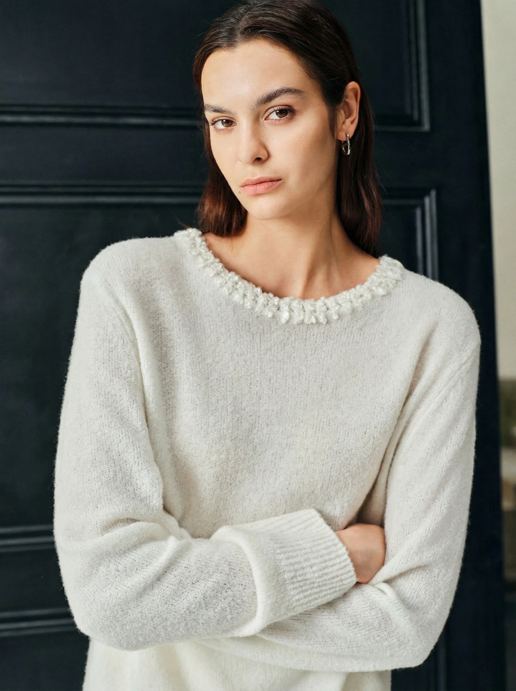Pearl-Trim Crochet Crewneck Sweater - Image 2