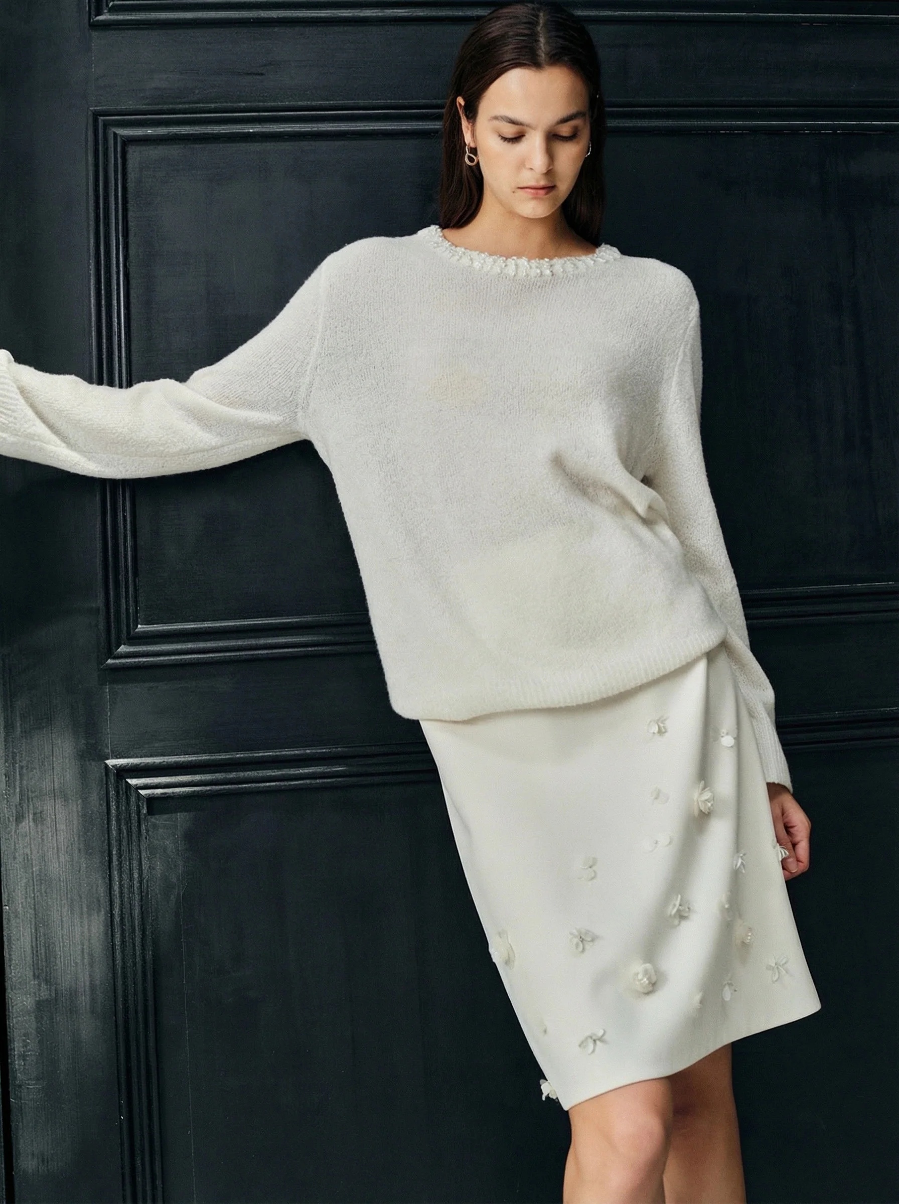 Pearl-Trim Crochet Crewneck Sweater - Image 3