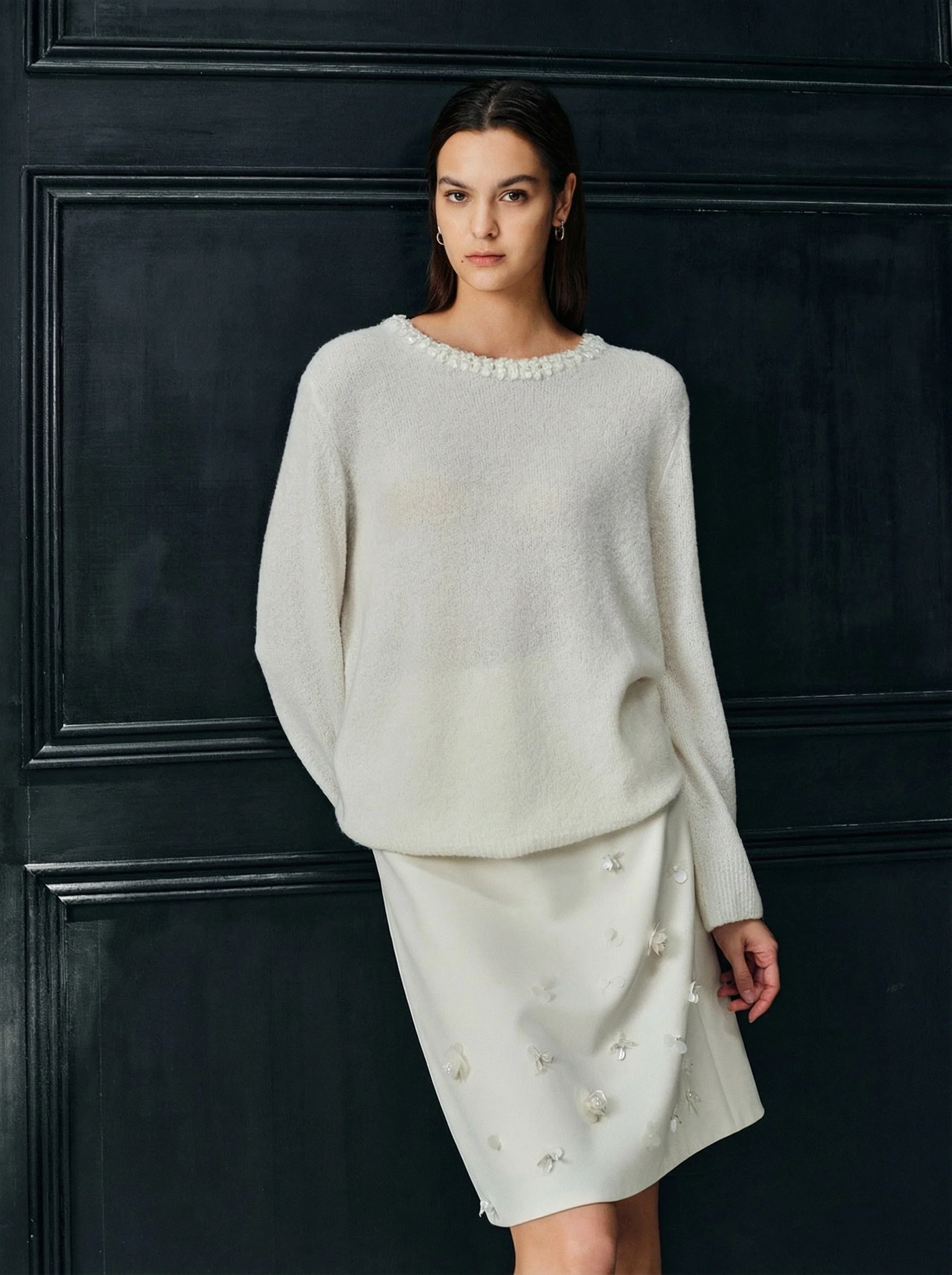Pearl-Trim Crochet Crewneck Sweater - Image 5