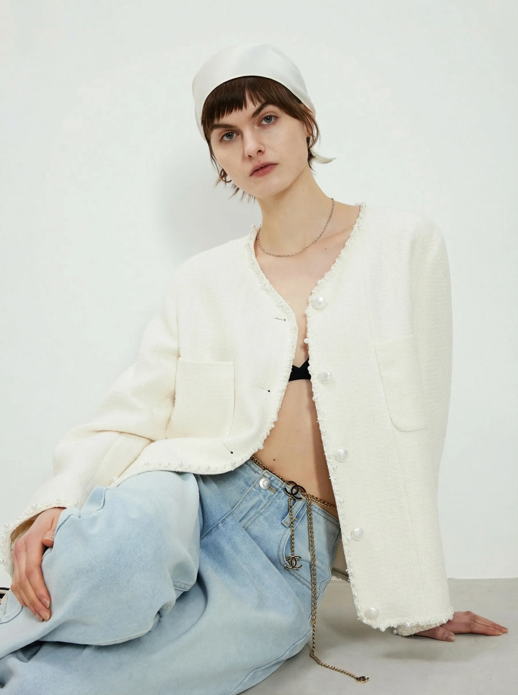 Pearl-Trim Tweed Jacket